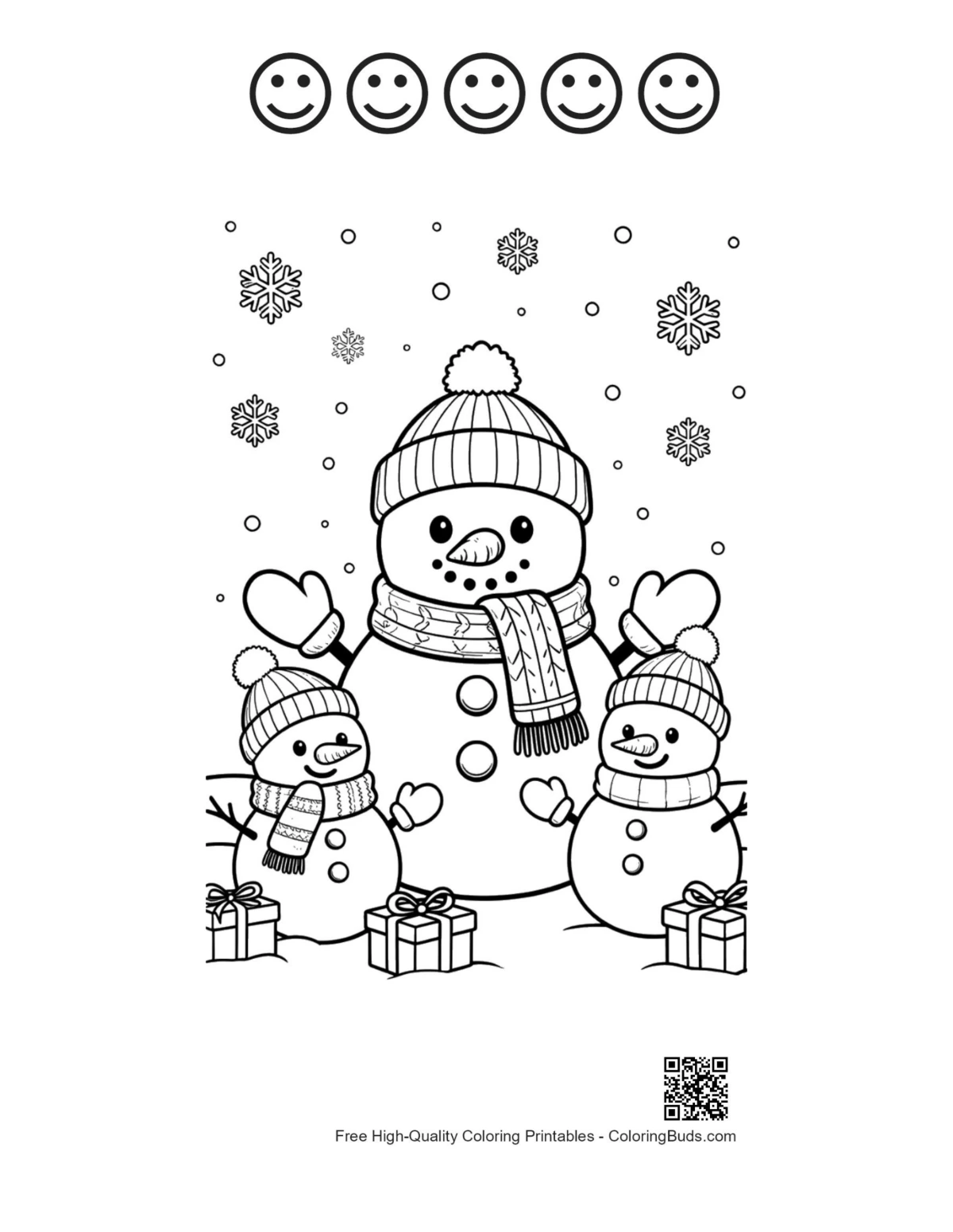 Snowman snowflakes and happy faces coloring page