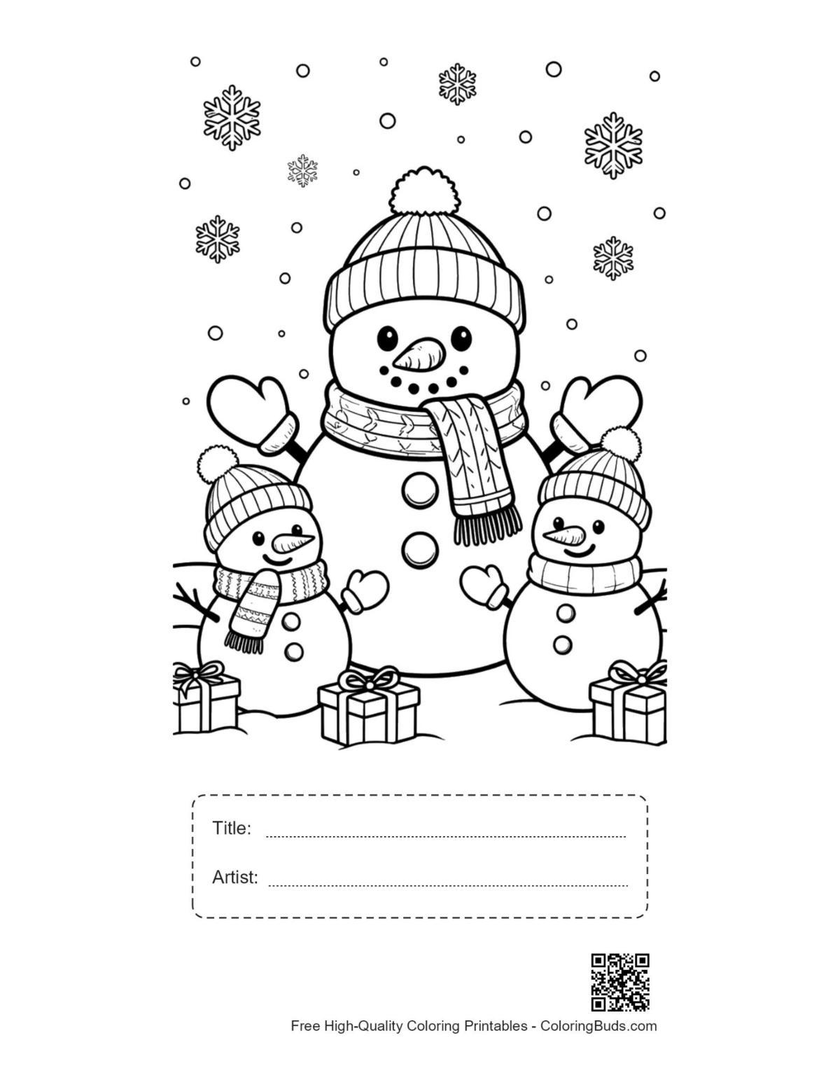 Printable snowman snowflakes page with title box