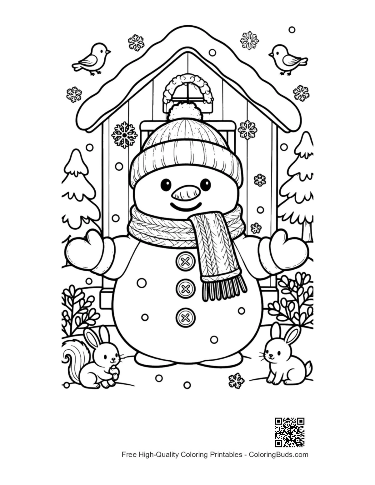 Snowman by village chapel birds bunnies coloring printable