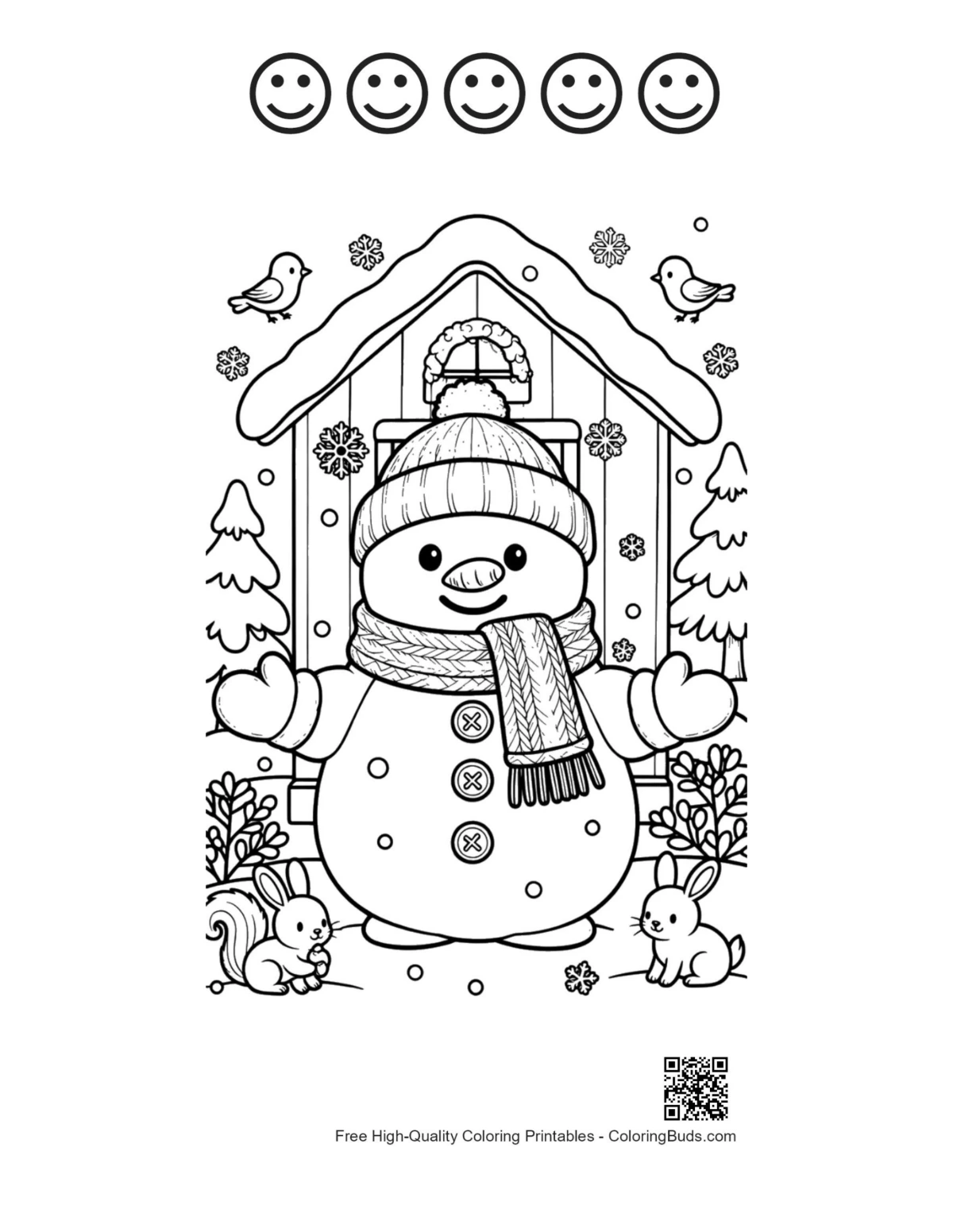 Snowman village chapel 5 happy faces outline coloring printable