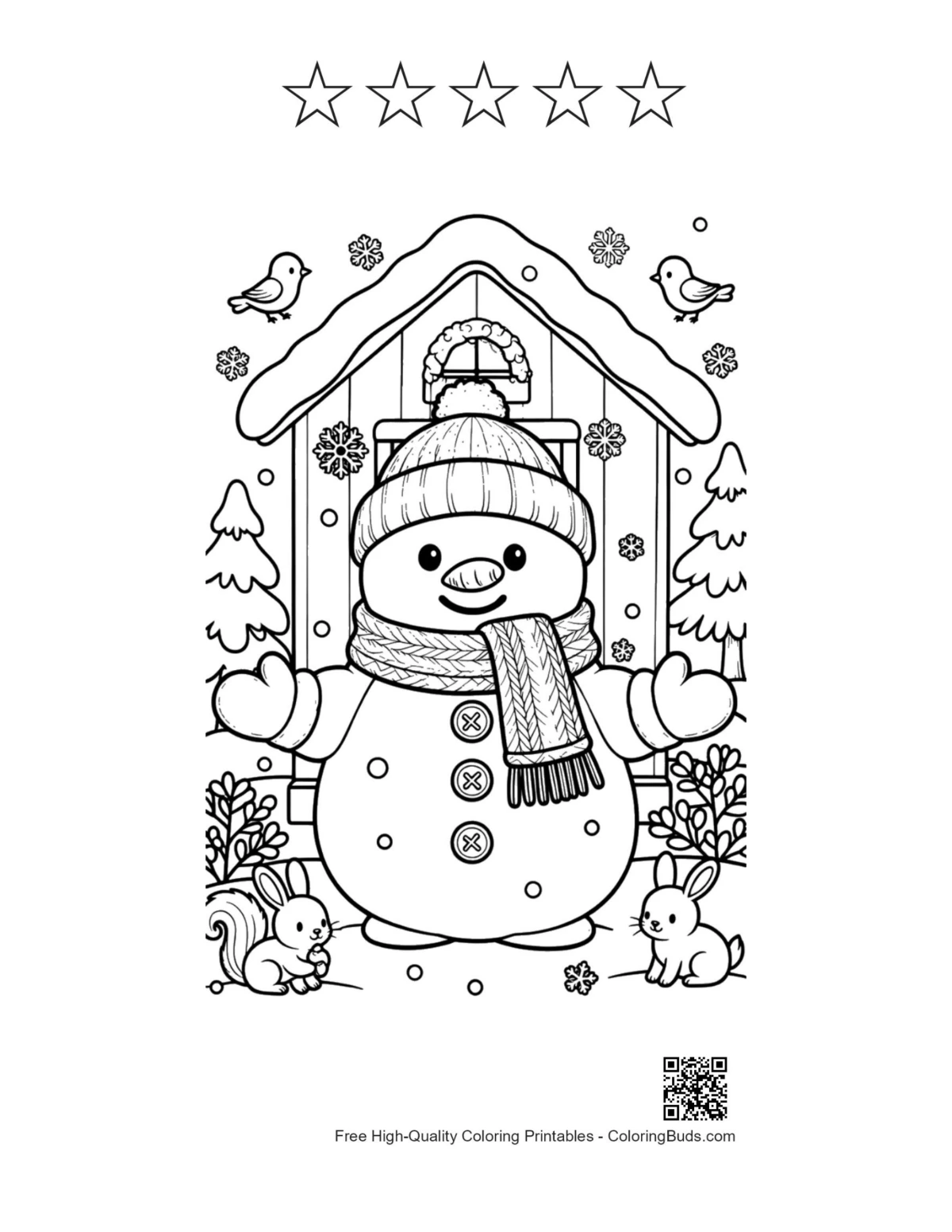 Snowman chapel 5 star outline birds bunnies printable page
