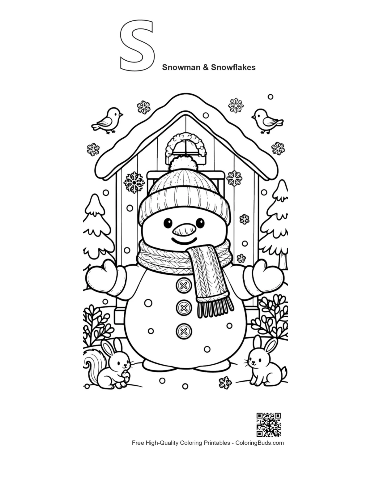 Snowman chapel alphabet S outline Snowman & Snowflakes printable