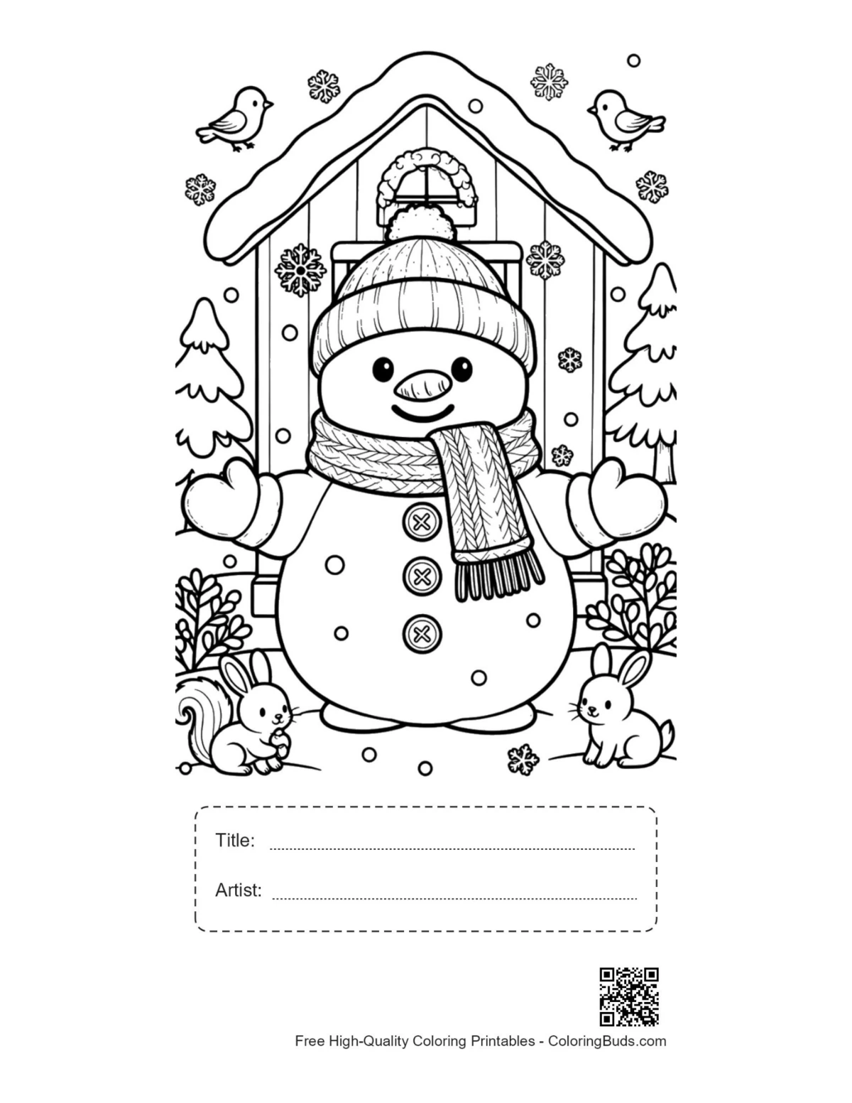 Snowman chapel printable with title artist box coloring page