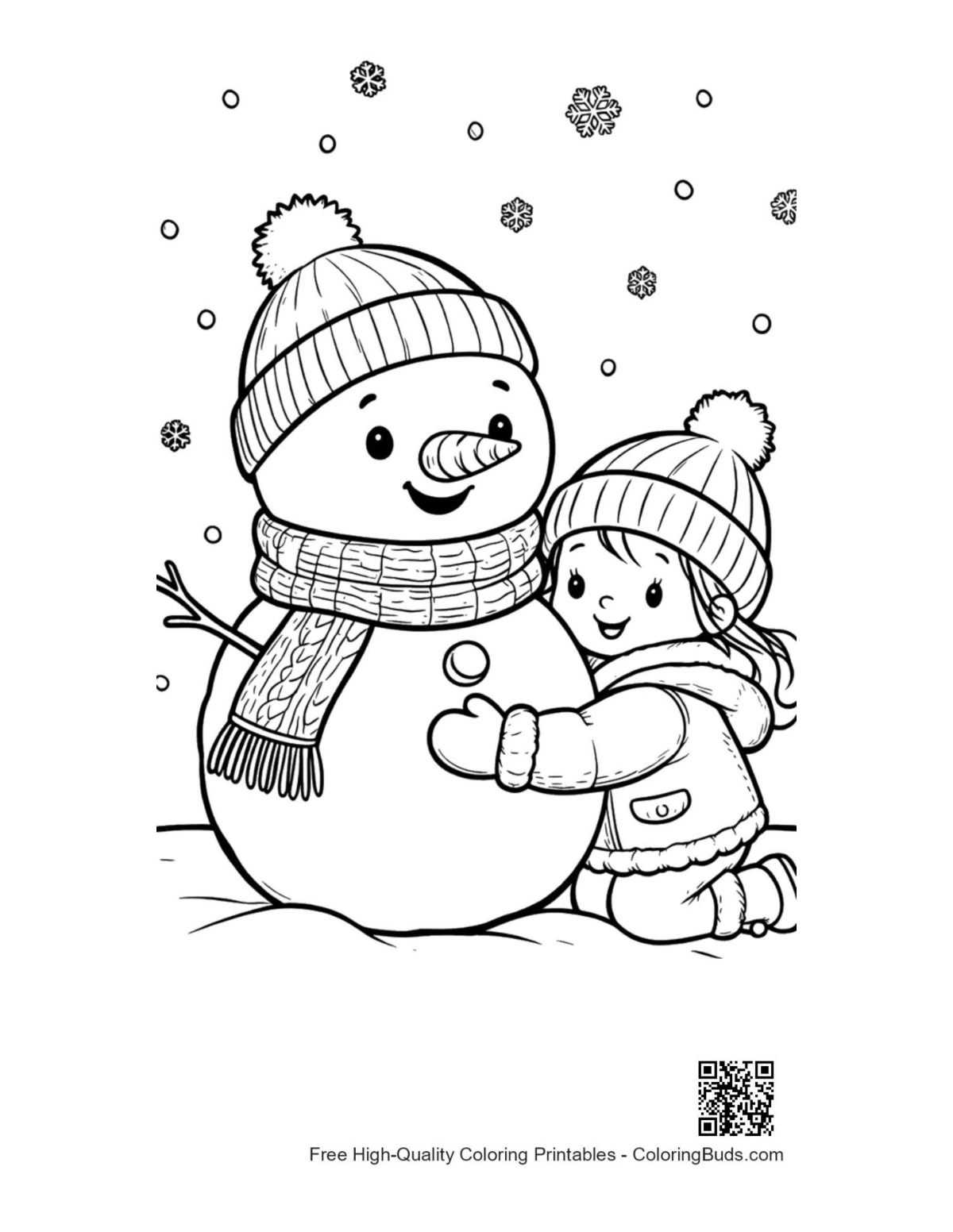 Toddler girl hugging snowman friend snowy day printable