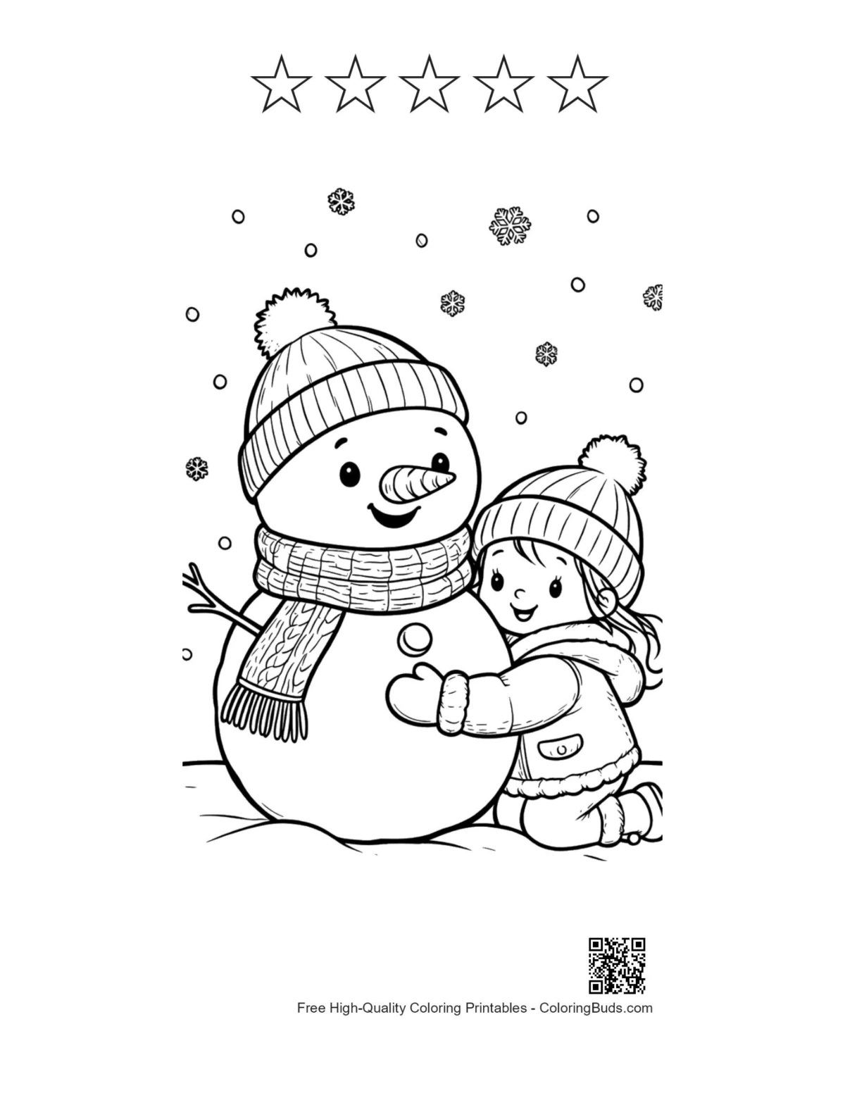 Toddler snowman hug coloring with 5 star outlines