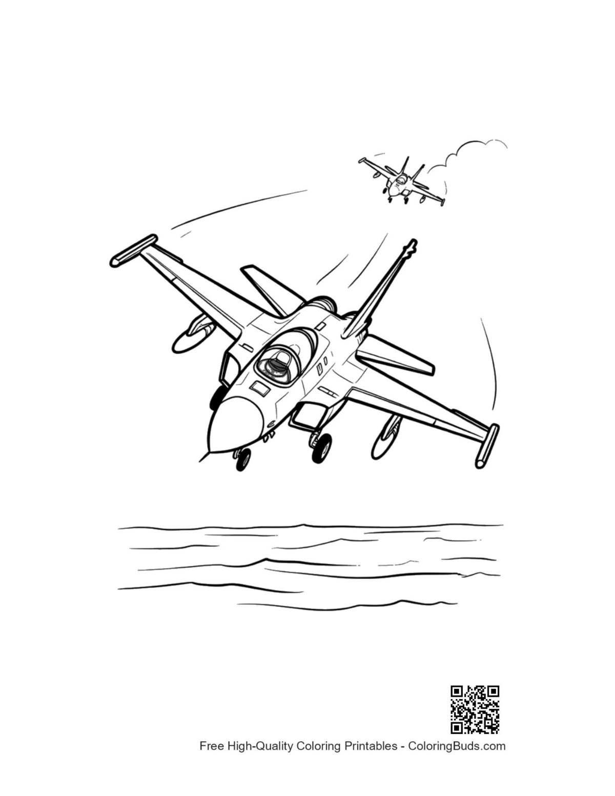 Action-packed jets over sea printable coloring page