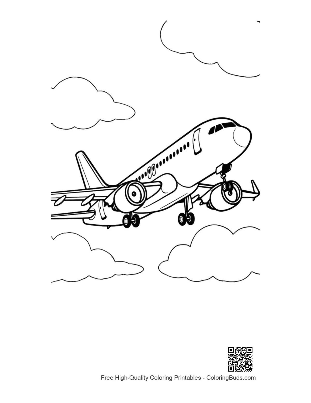 Airbus passenger plane soaring through clouds coloring page