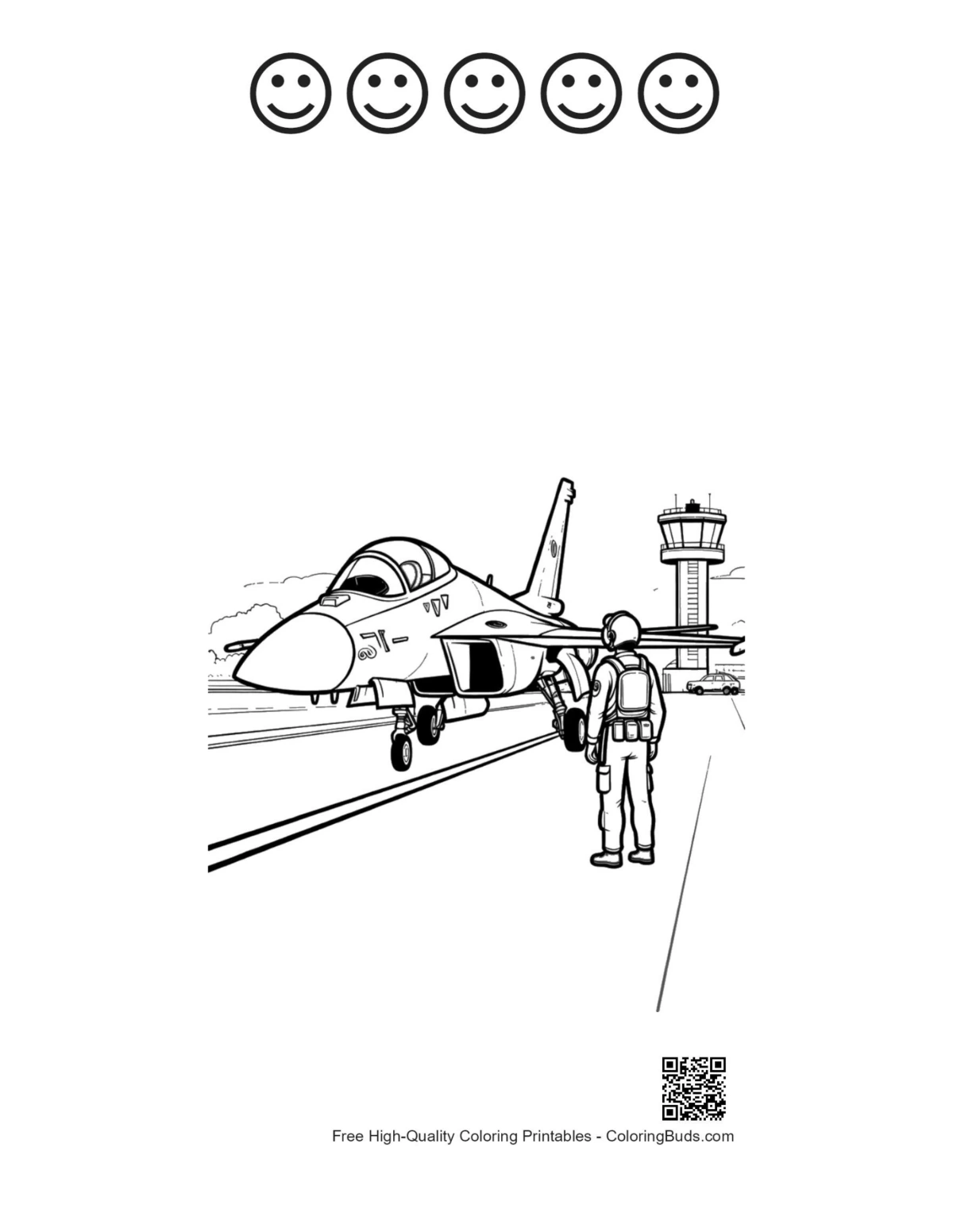 Pilot in fighter jet cockpit with 5 happy faces printable