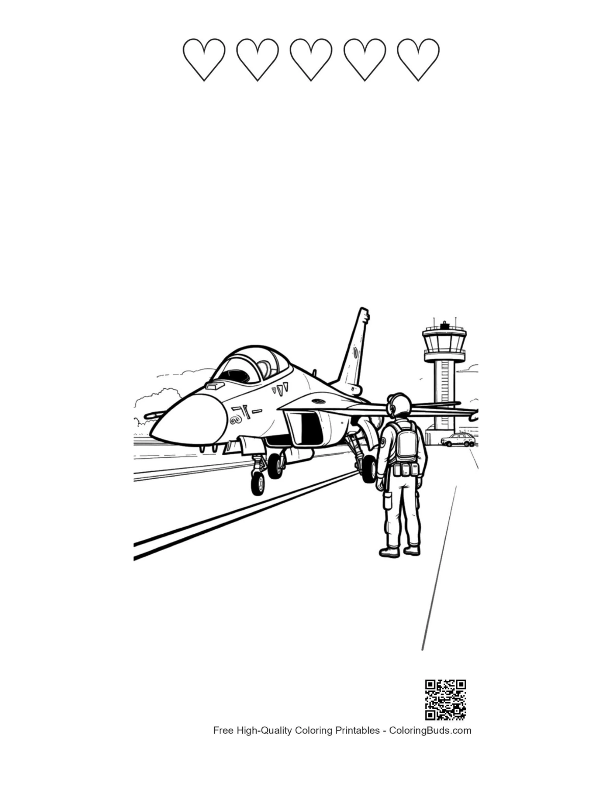 Fighter jet cockpit pilot coloring with 5 heart outlines