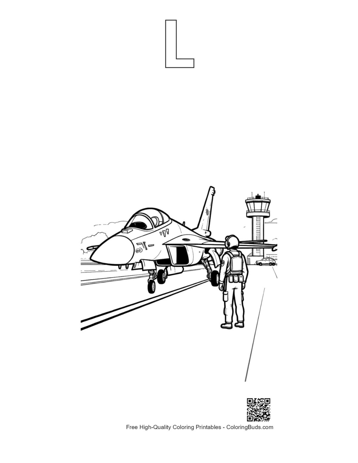 Pilot cockpit fighter jet coloring with alphabet L outline