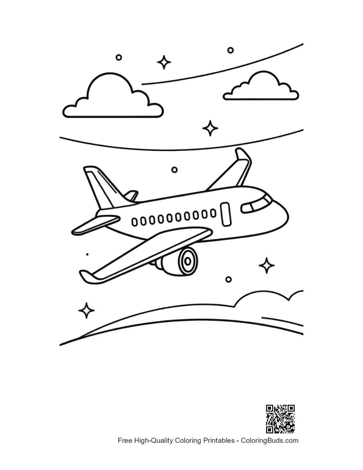 Passenger plane soaring through cloudy sky coloring page