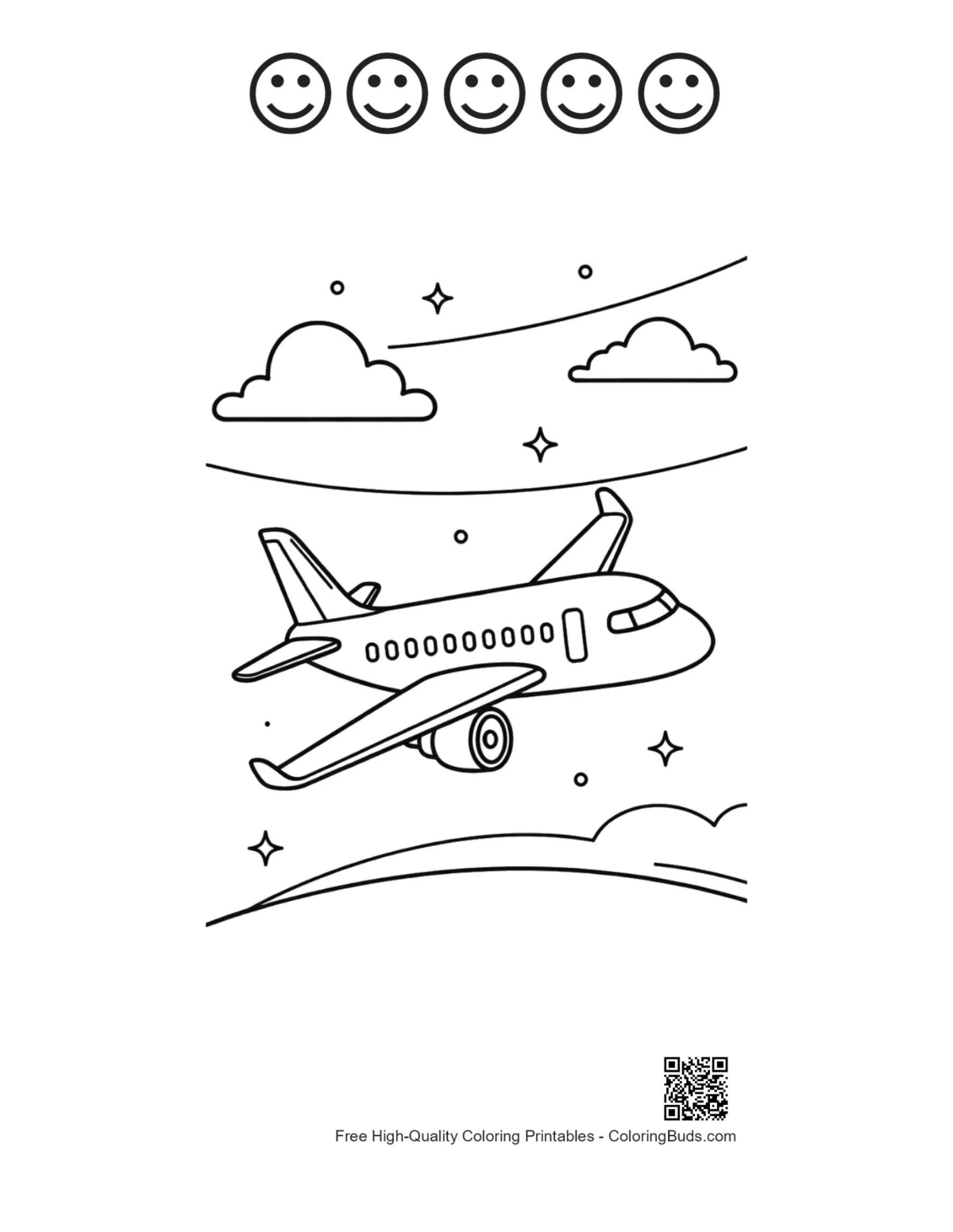 Airplane coloring printable with 5 happy faces outlines