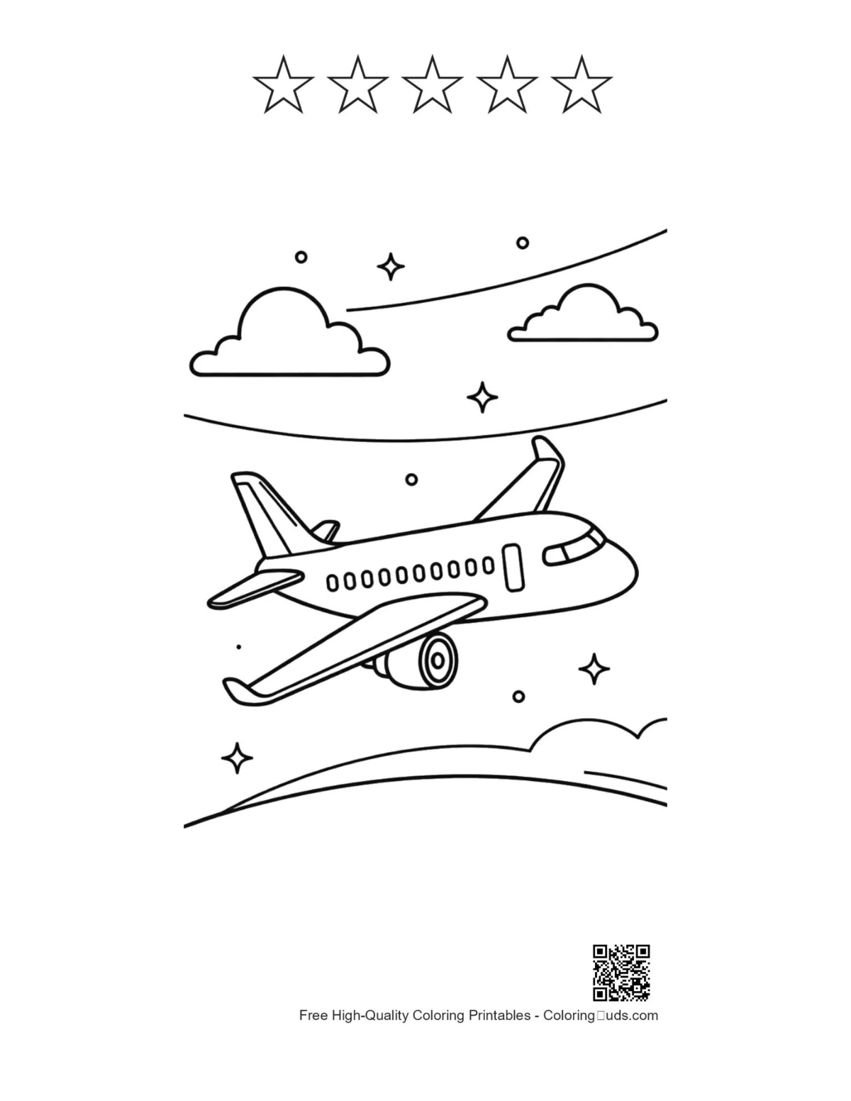 Passenger plane printable with 5 star outlines clouds