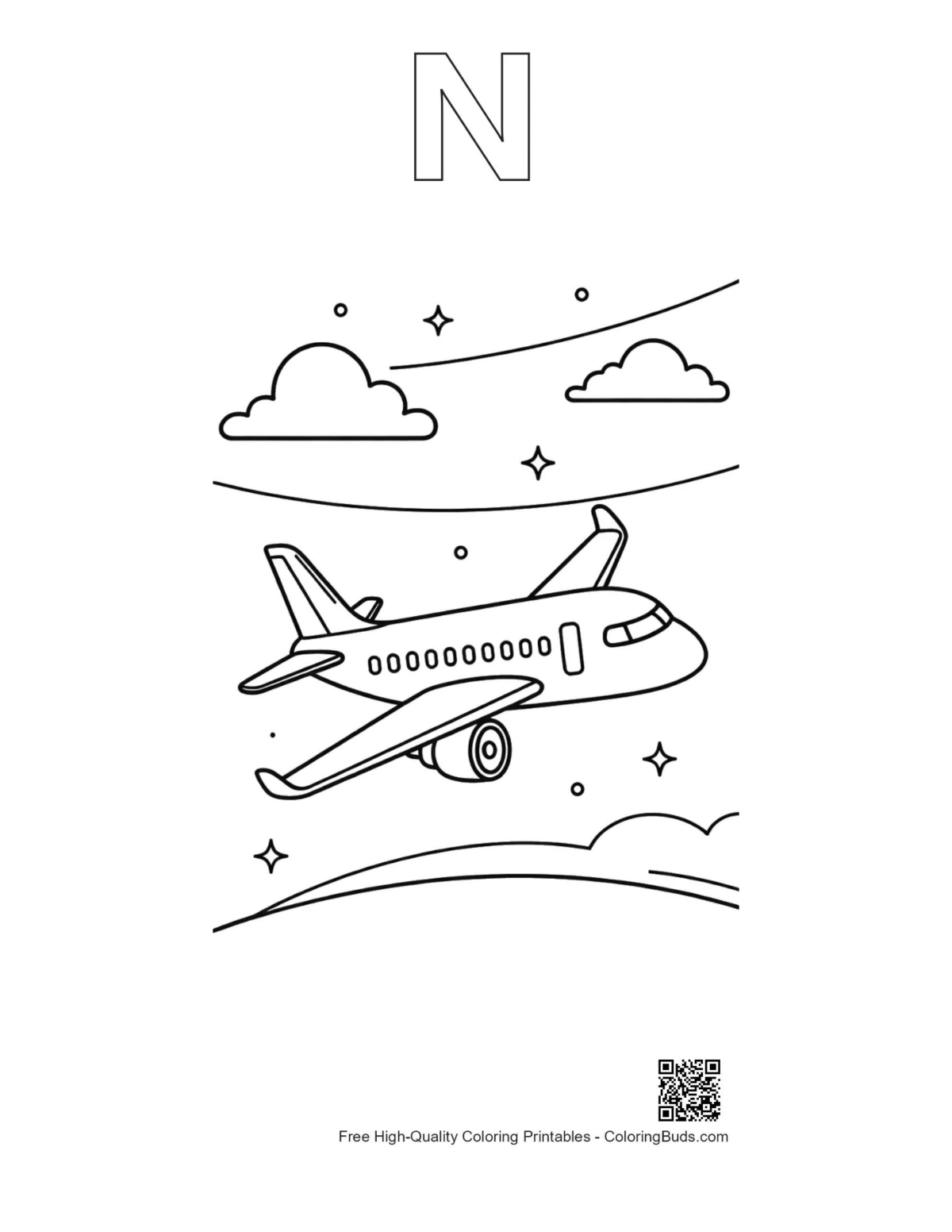 Airplane coloring page outline with alphabet letter N