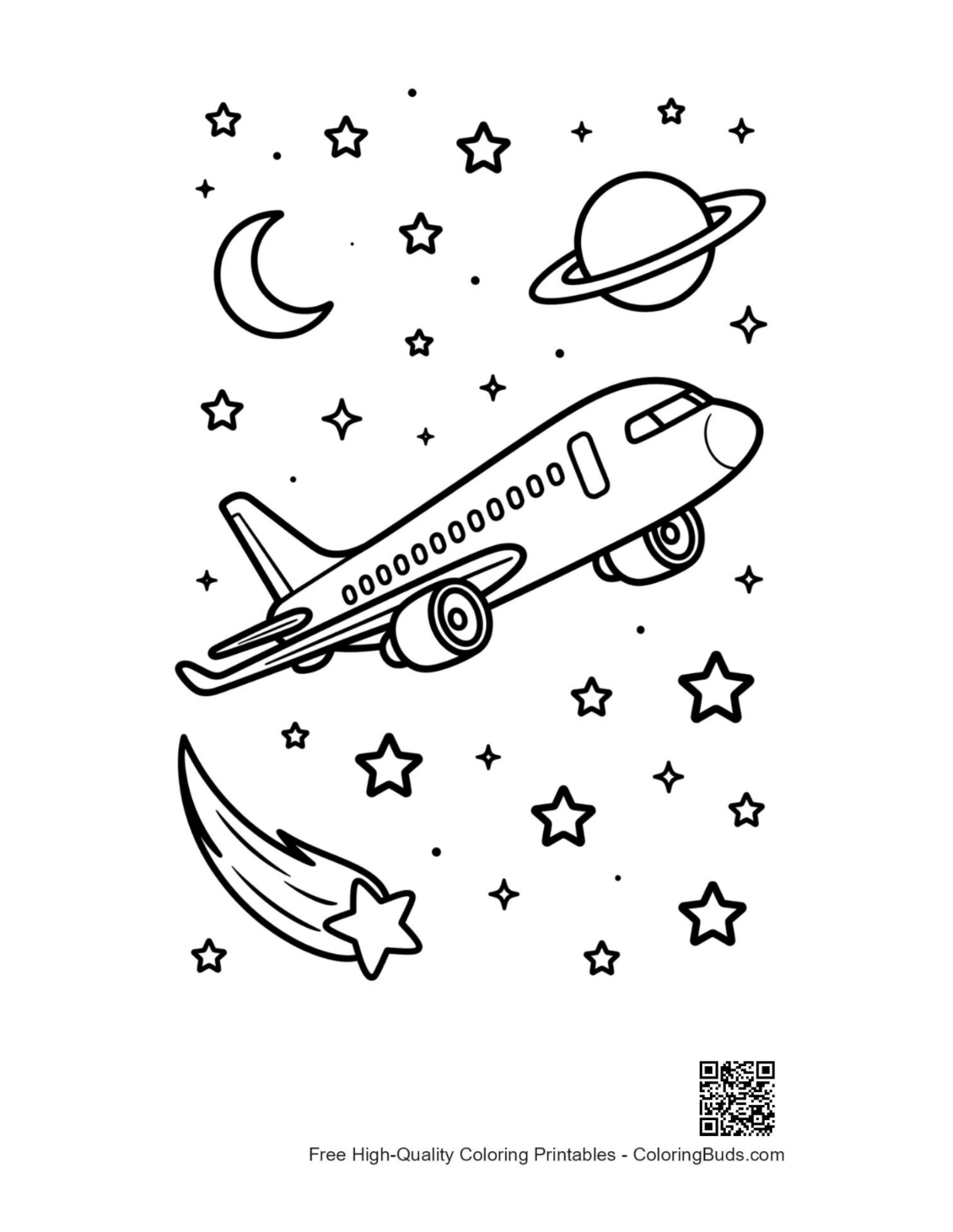 Passenger plane coloring page with moons and stars