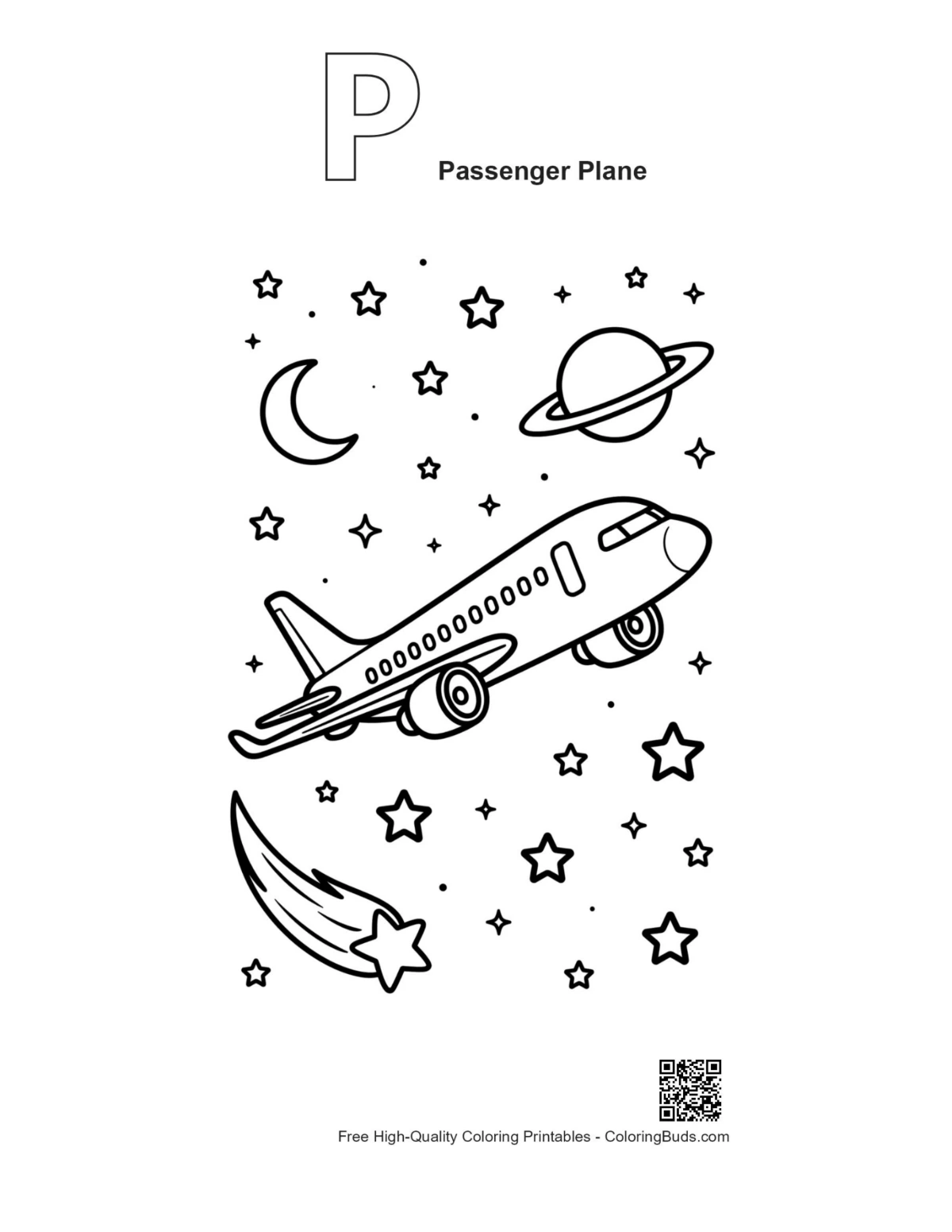 Passenger Plane coloring with alphabet P outline