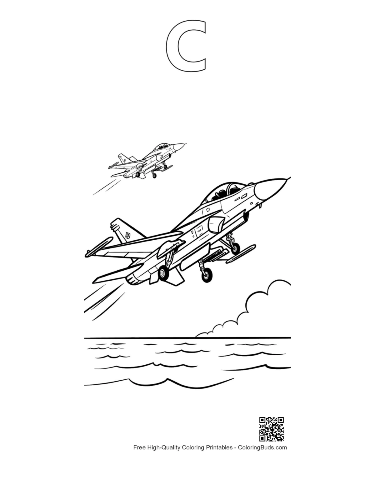 Cute fighter jet alphabet C outline printable