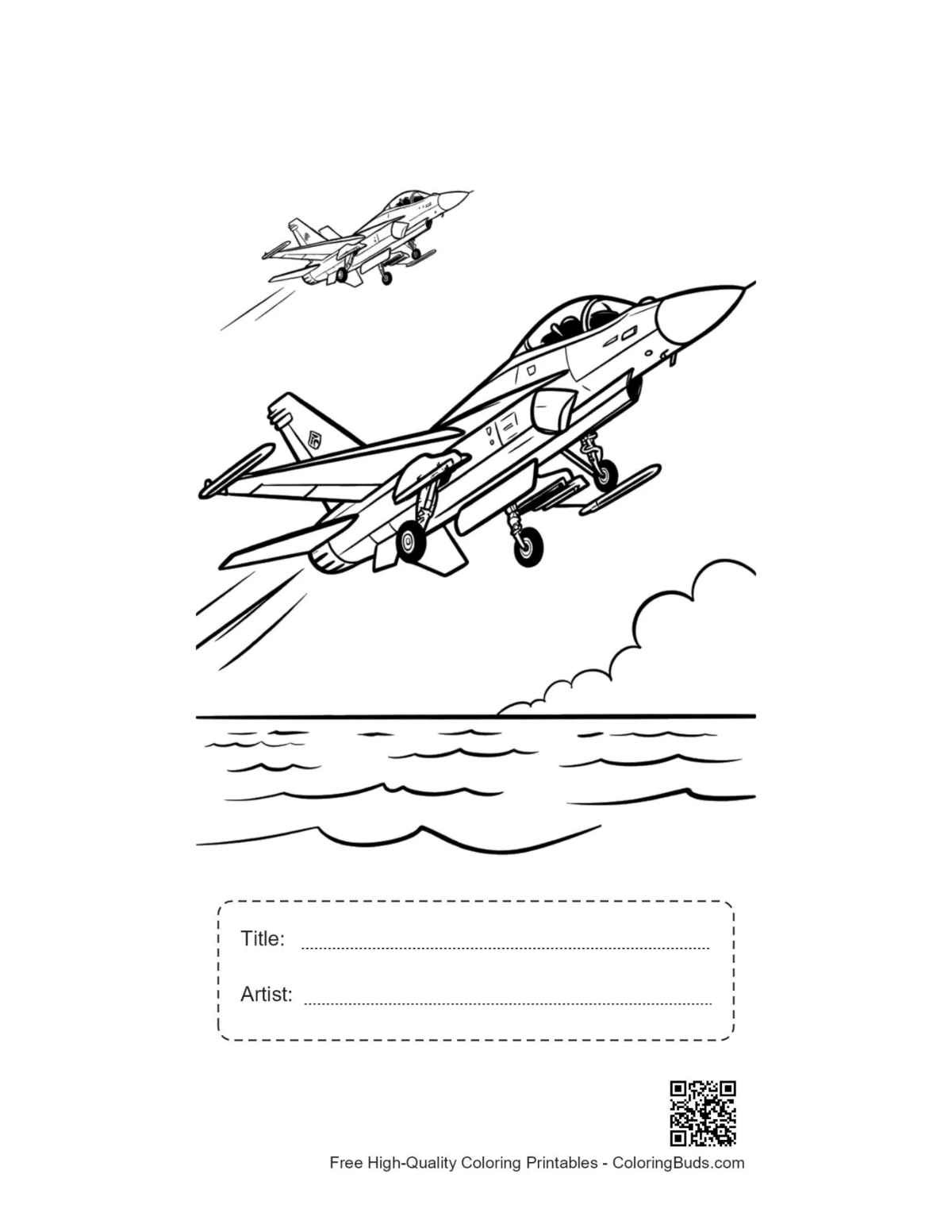 Cute fighter jet printable with title artist box