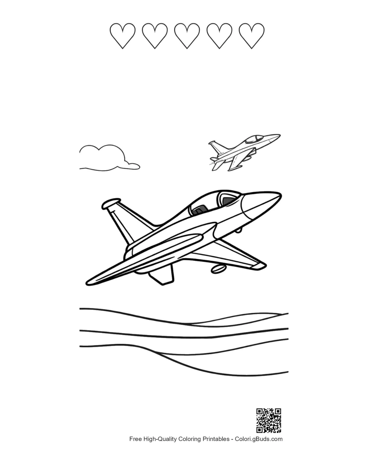 Fighter jet with 5 hearts outline printable