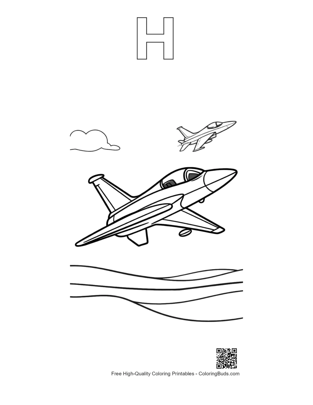 Fighter jet outline with alphabet H printable