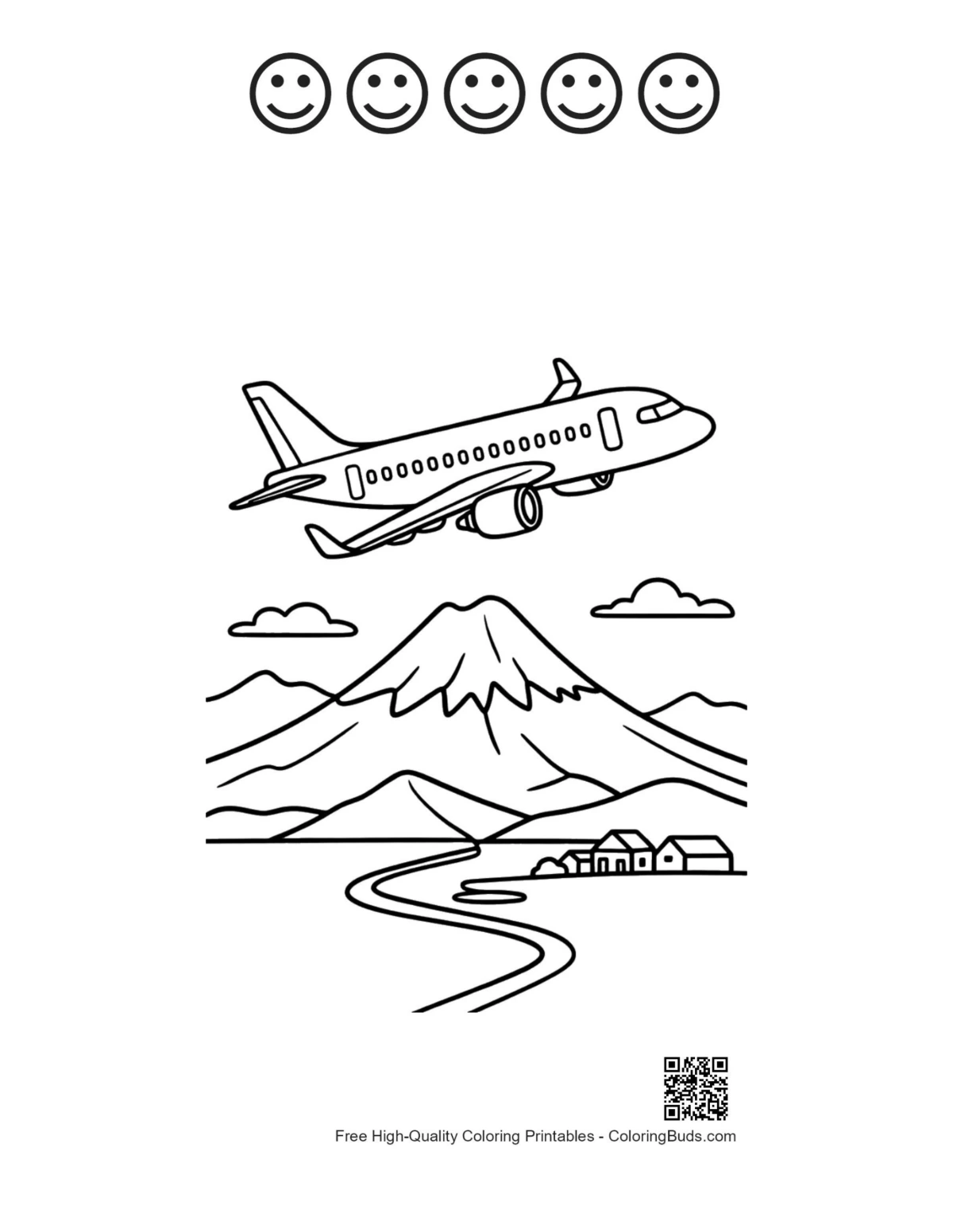 Passenger plane and 5 happy faces outline sheet