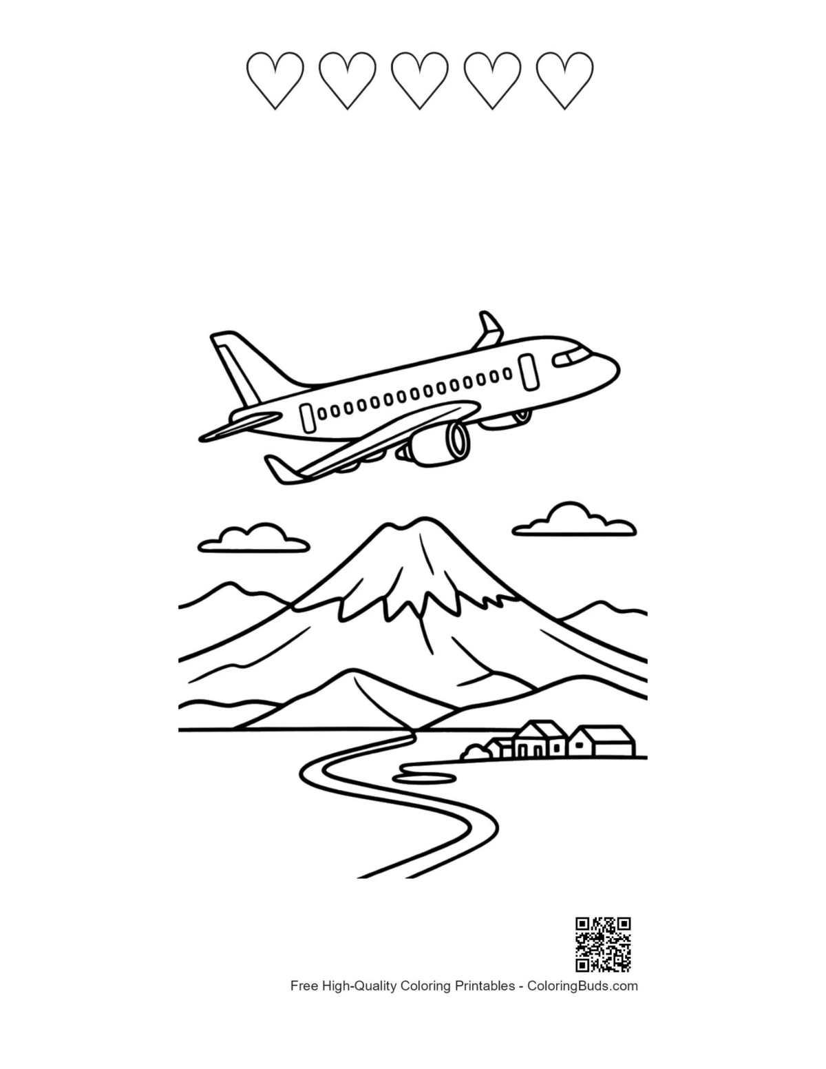 Passenger plane with 5 hearts outline printable