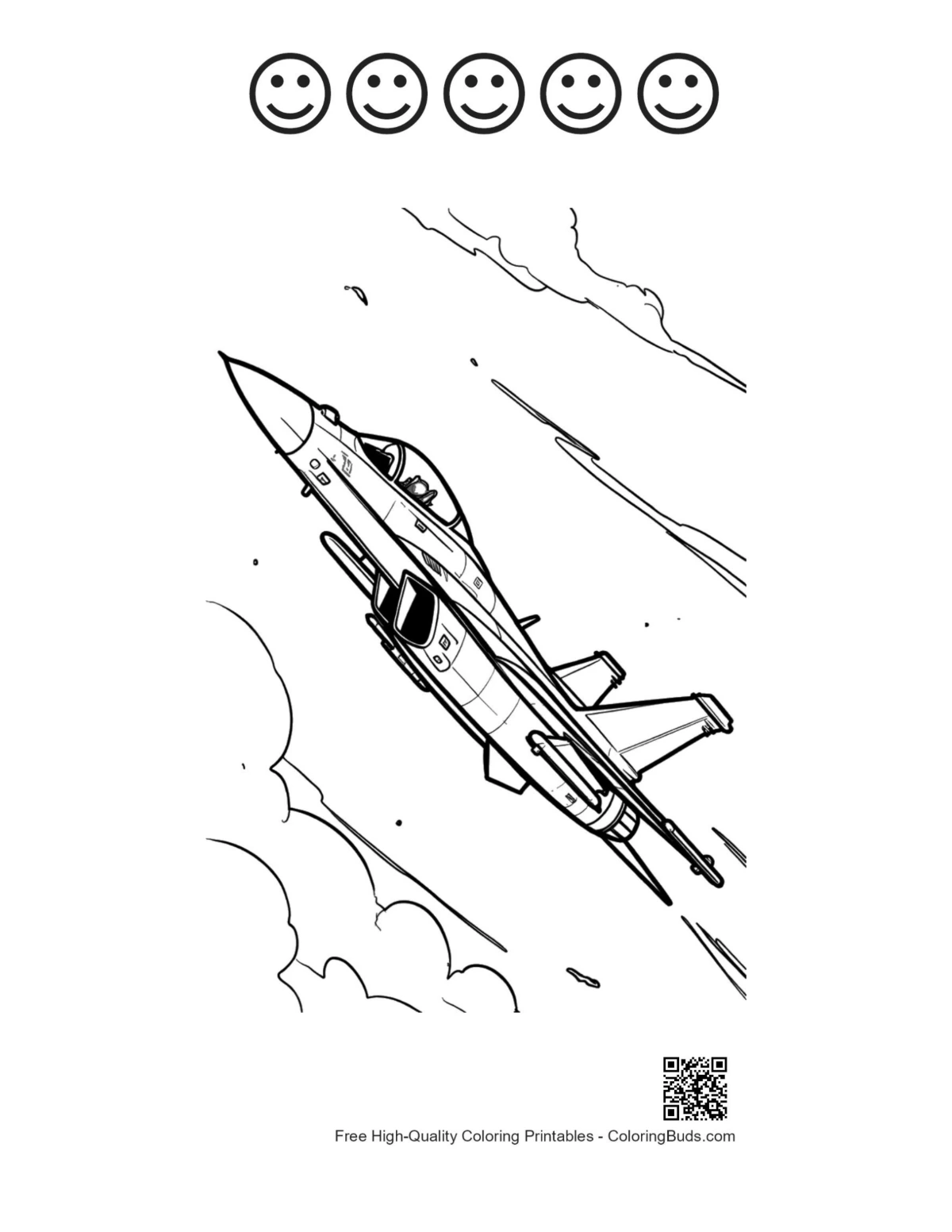 Printable fighter jet with 5 happy faces outline