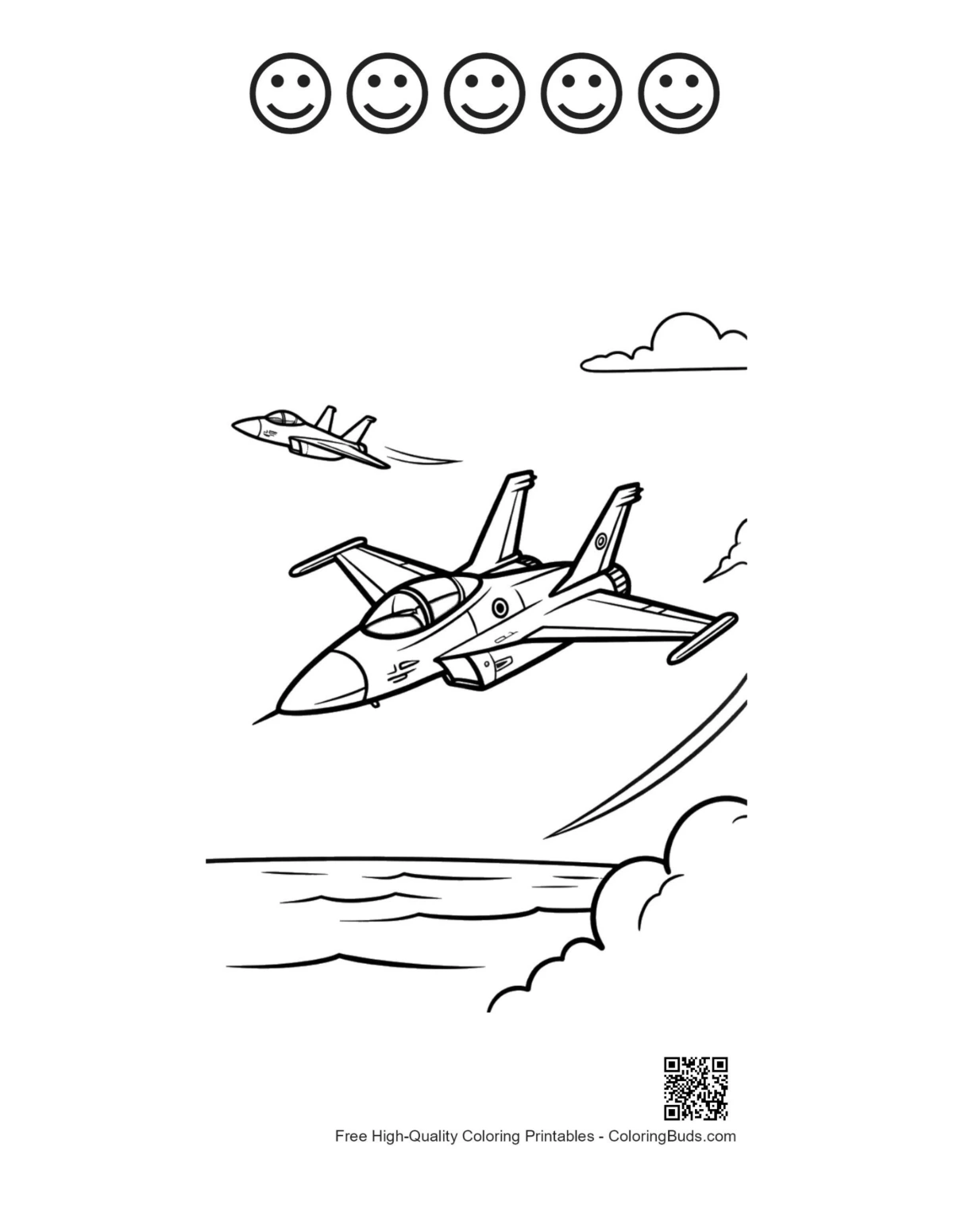 Fighter jet ocean printable 5 happy faces outline