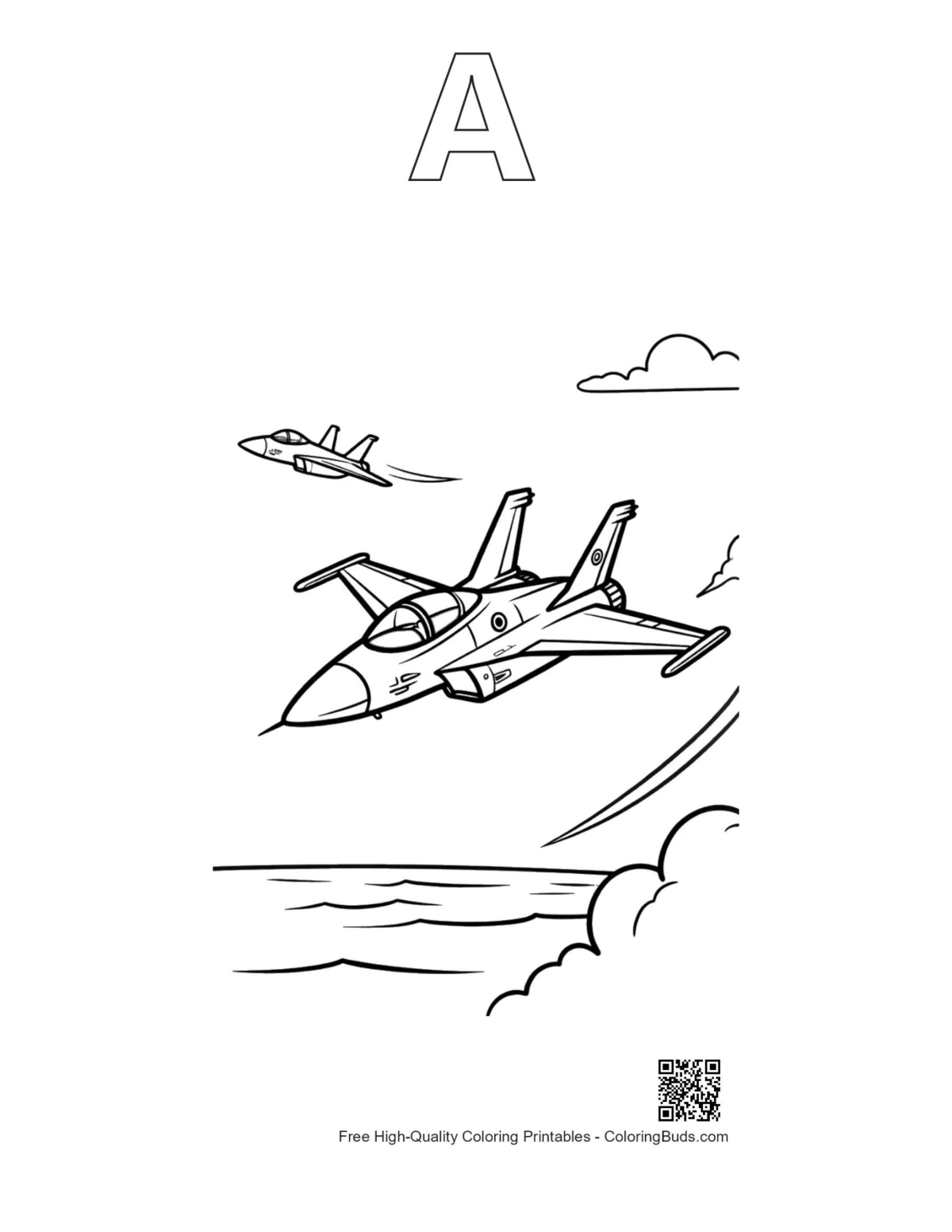 Fighter jet ocean printable alphabet A outline