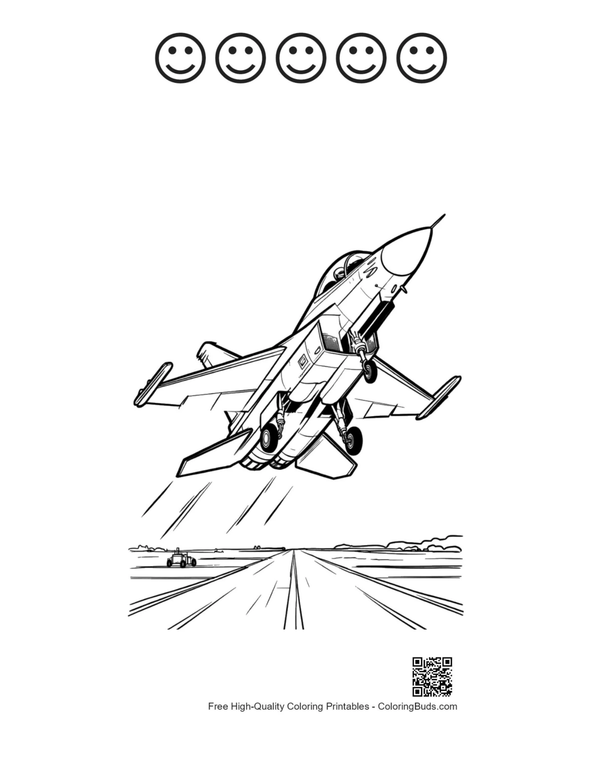 Fighter jet with 5 happy faces outline sheet for kids