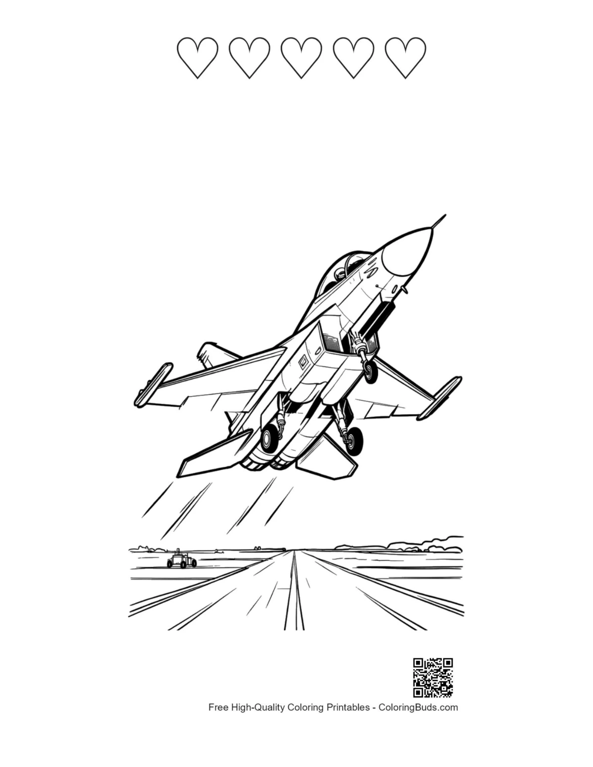 Fighter jet with 5 hearts outline printable coloring page