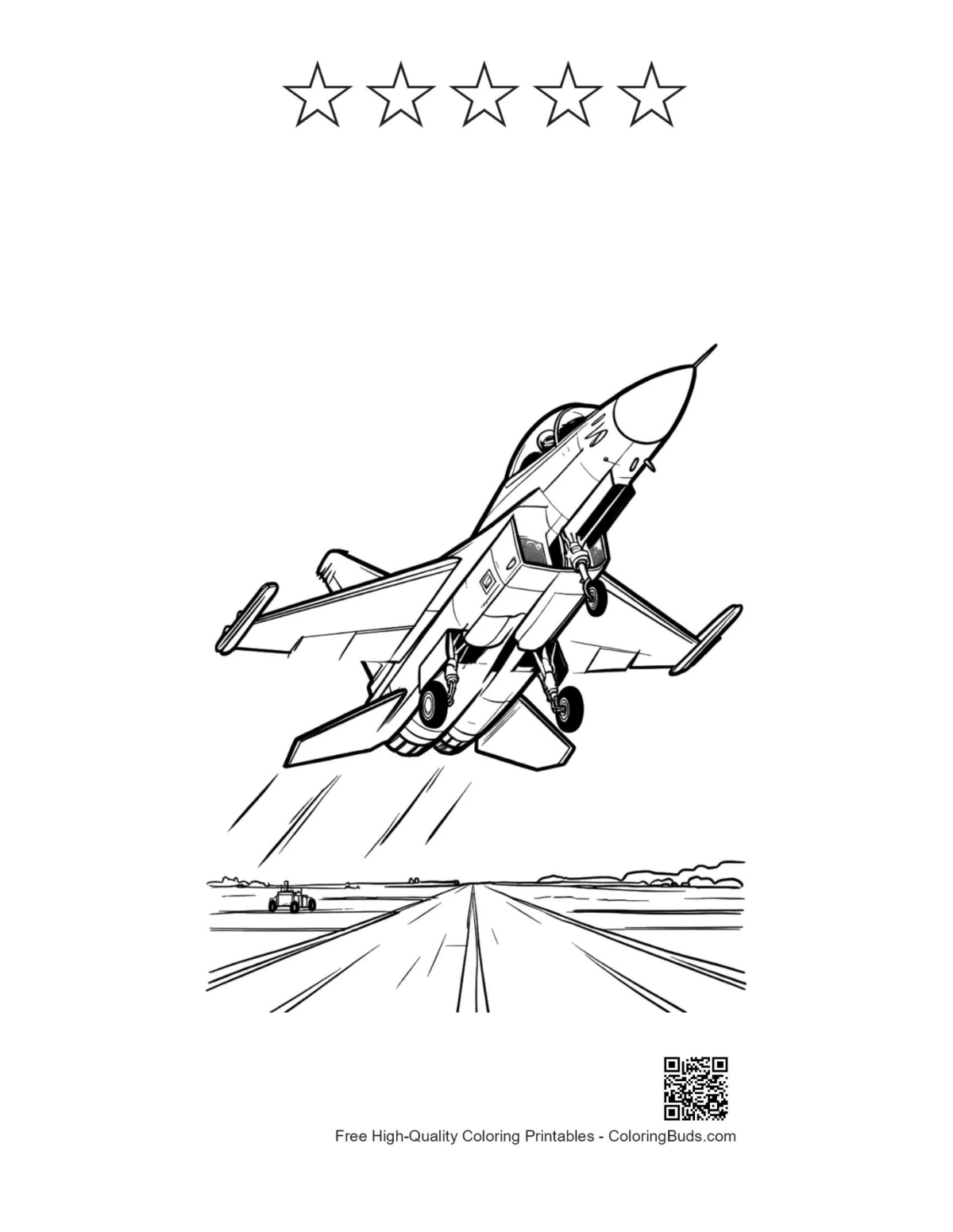 Fighter jet with 5 stars outline printable for kids