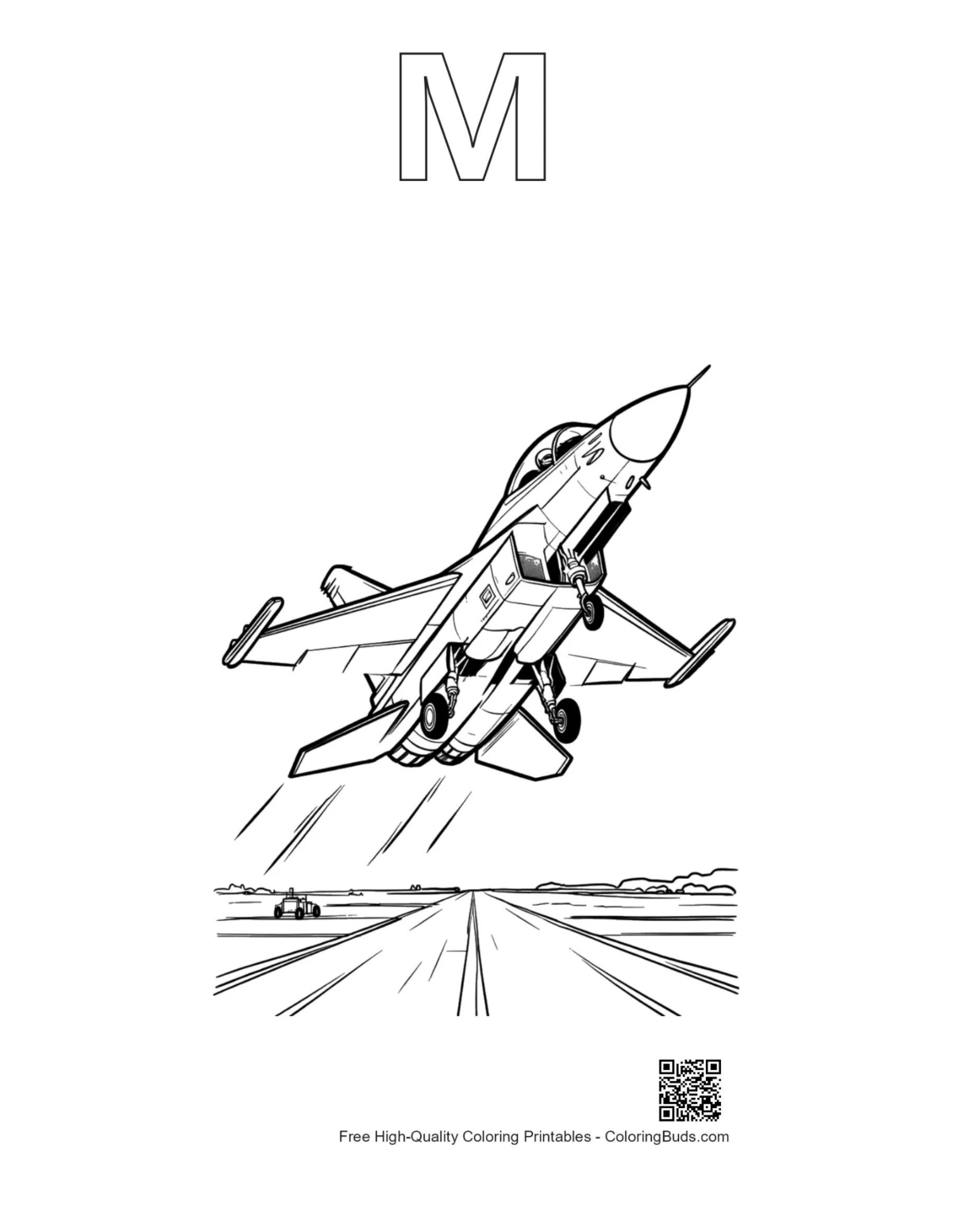 Fighter jet alphabet M outline coloring page for kids