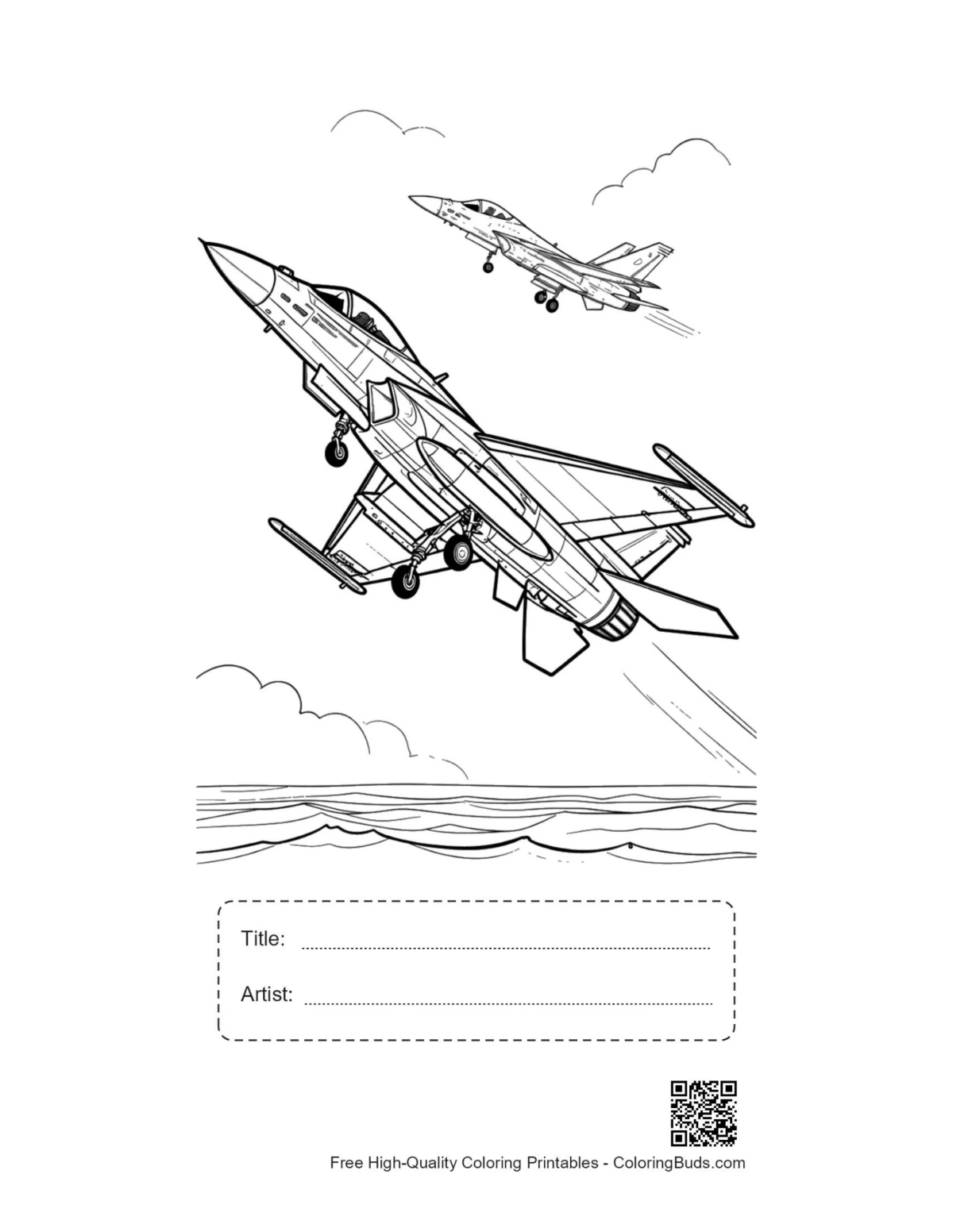 Printable fighter jet sheet with title and artist box