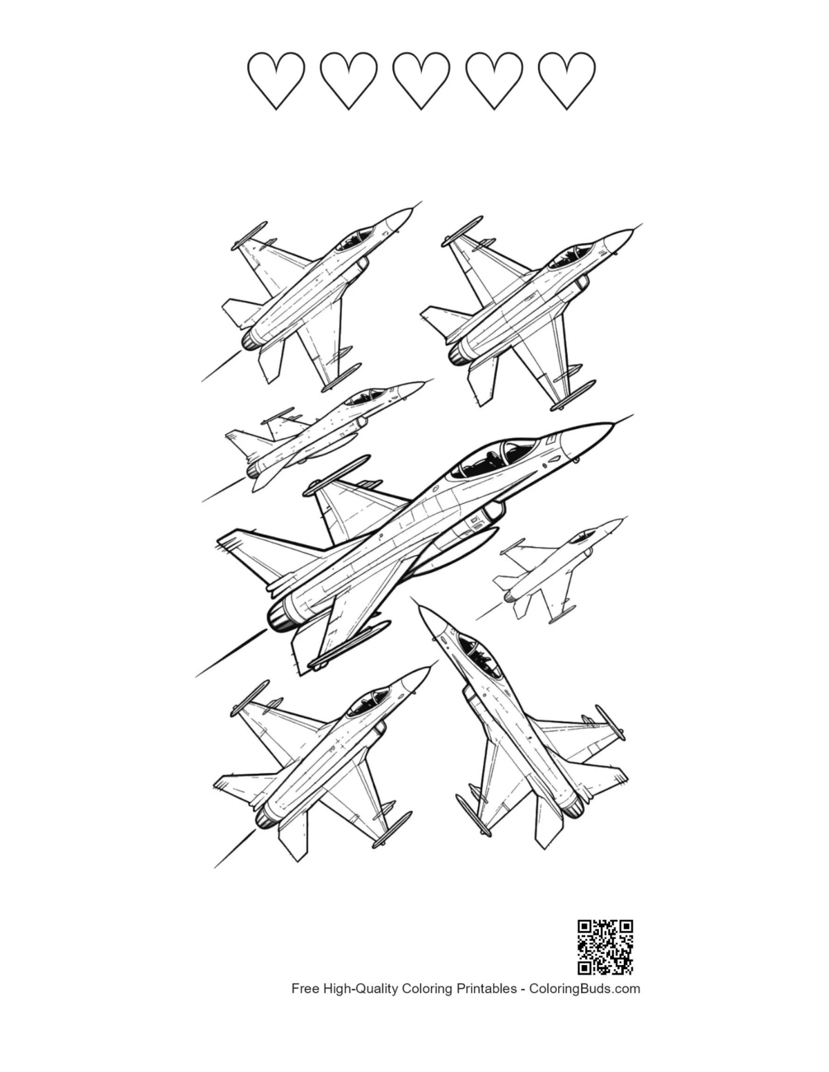 F-16 formation 5 hearts outline coloring sheet