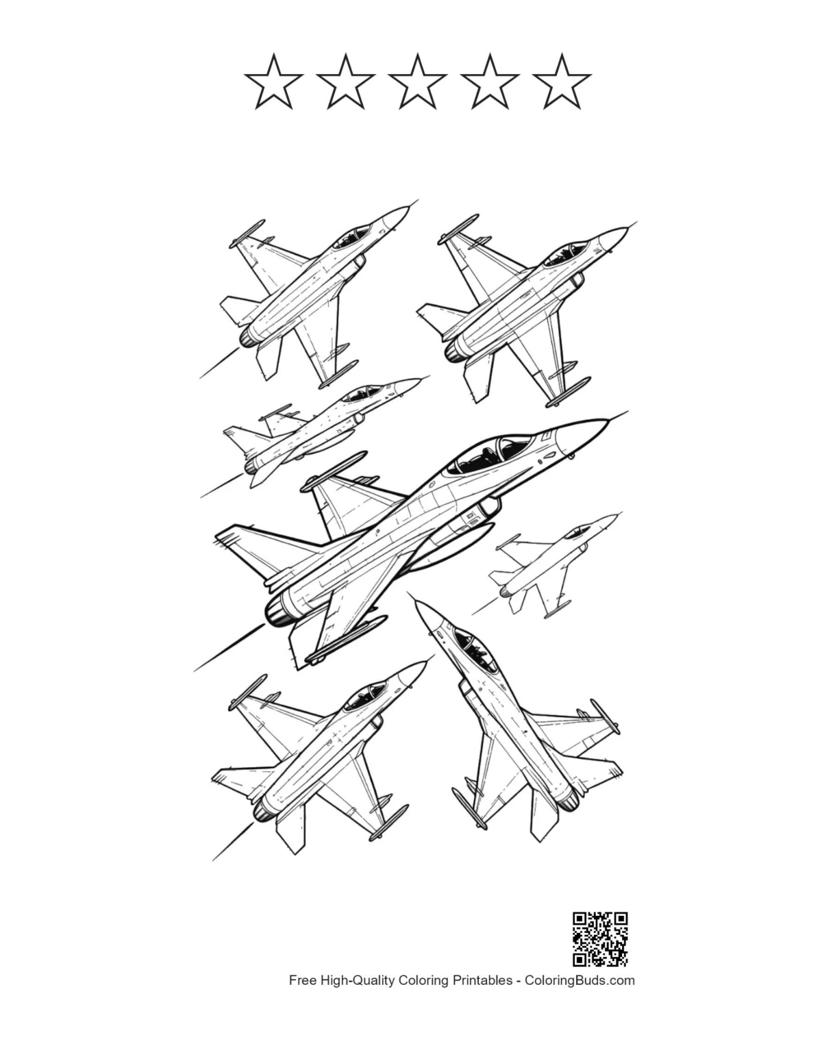 F-16 formation with 5 stars outline printable