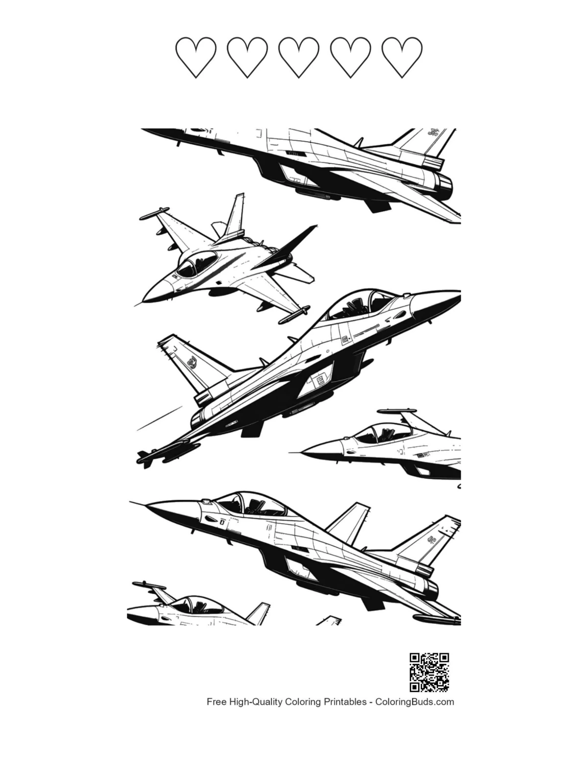 Fighter jet formation hearts outline printable