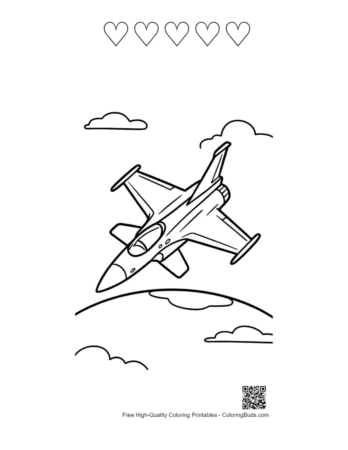 Fighter jet coloring with 5 hearts outline