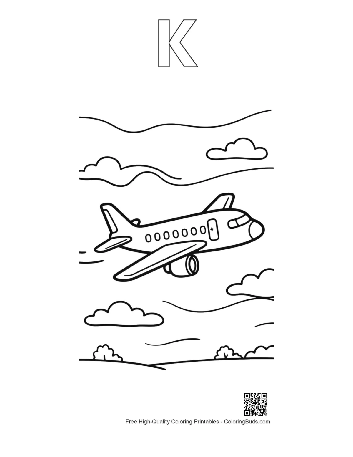 Jet airliner alphabet K outline printable
