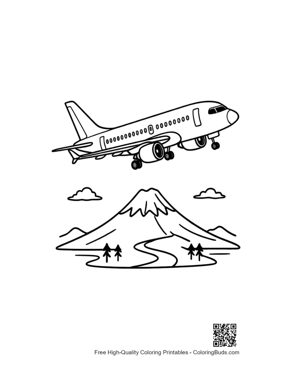 Jet airliner soaring over snow-capped mountain printable