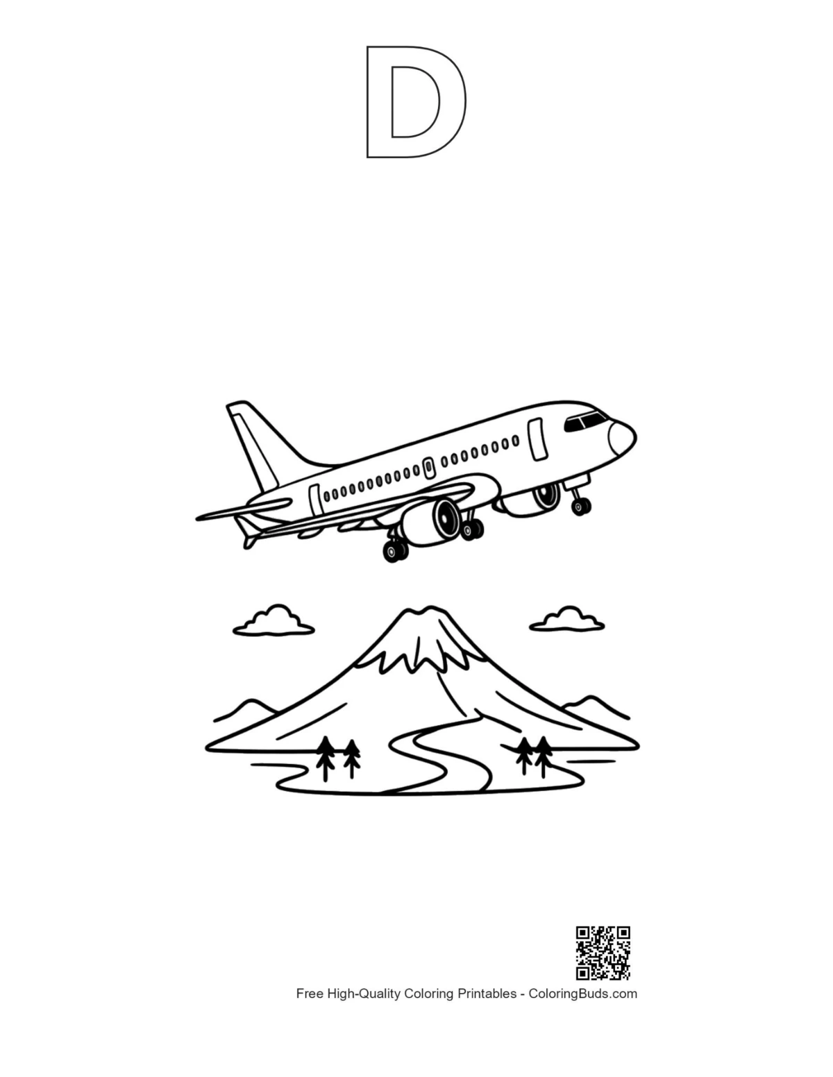 Jet airliner outline with alphabet D printable