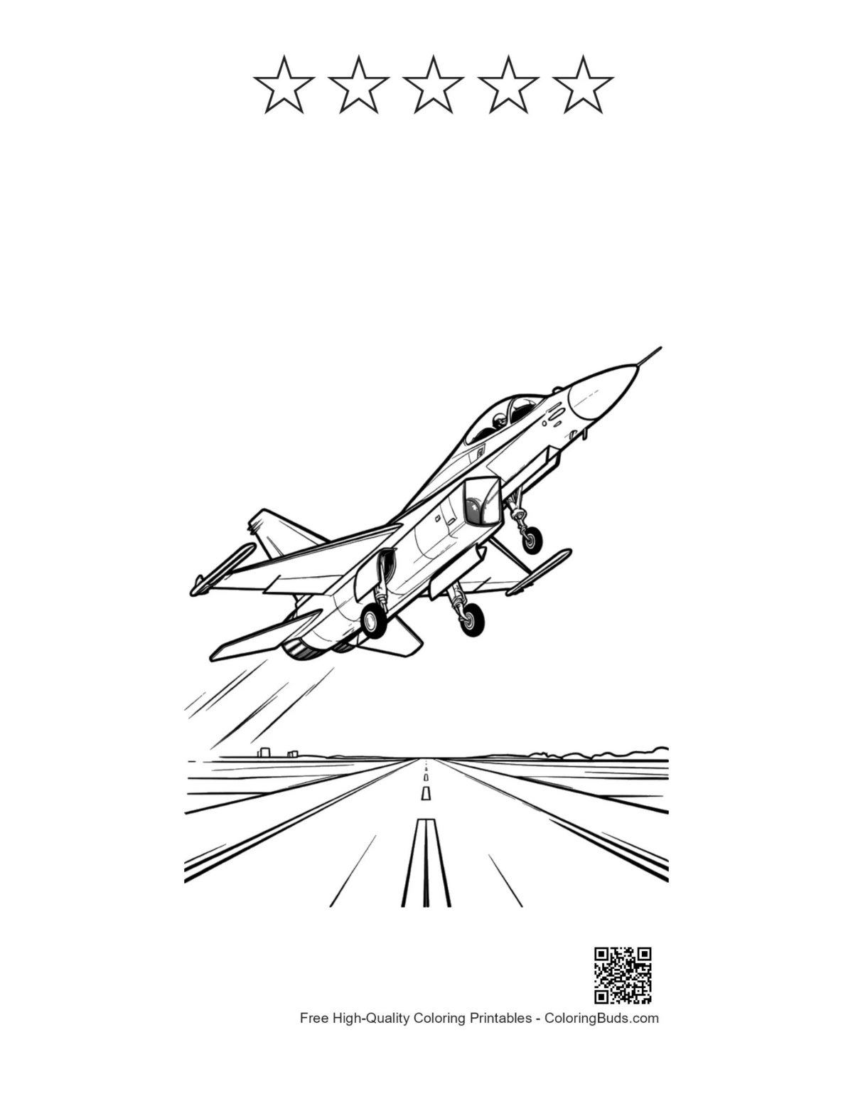 Fighter jet sunset printable with 5 star outlines