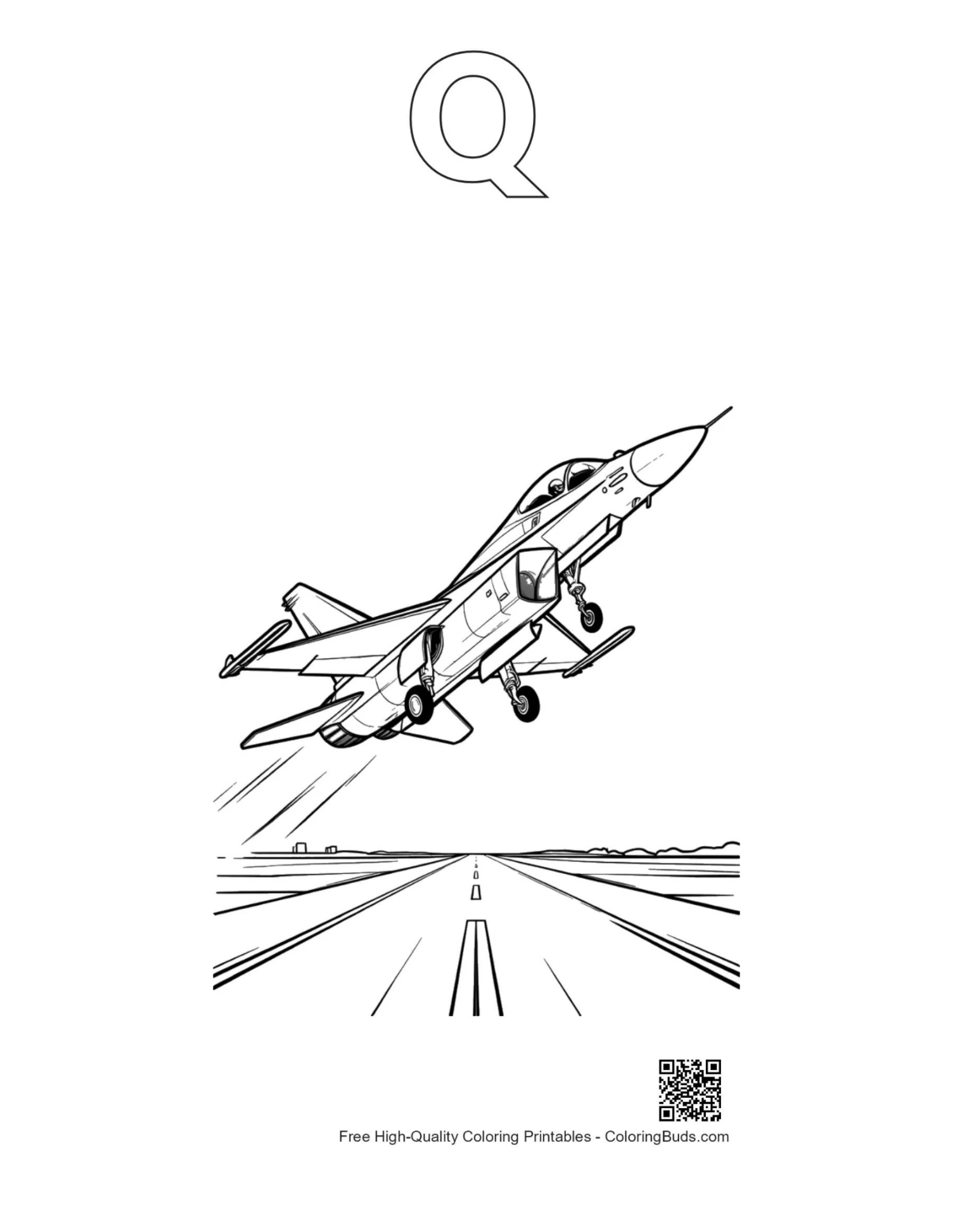 Sunset fighter jet coloring page with Q outline