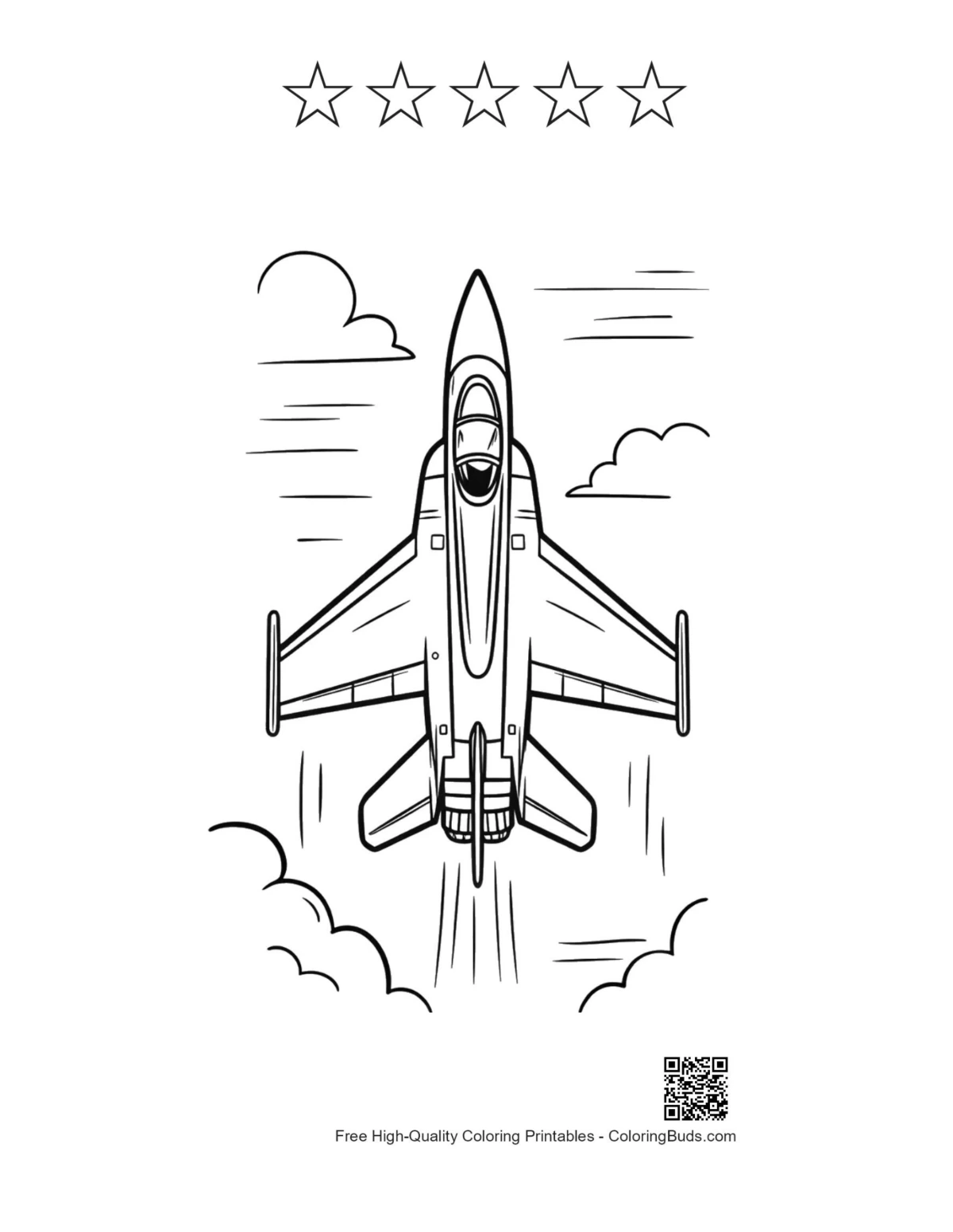 Fighter jet soar line art with 5 star outlines printable
