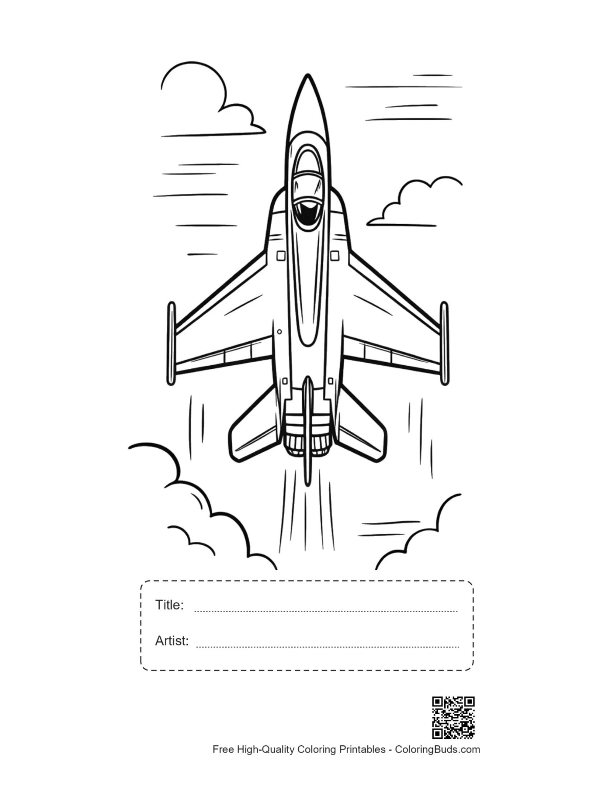 Fighter jet line art printable with title artist box