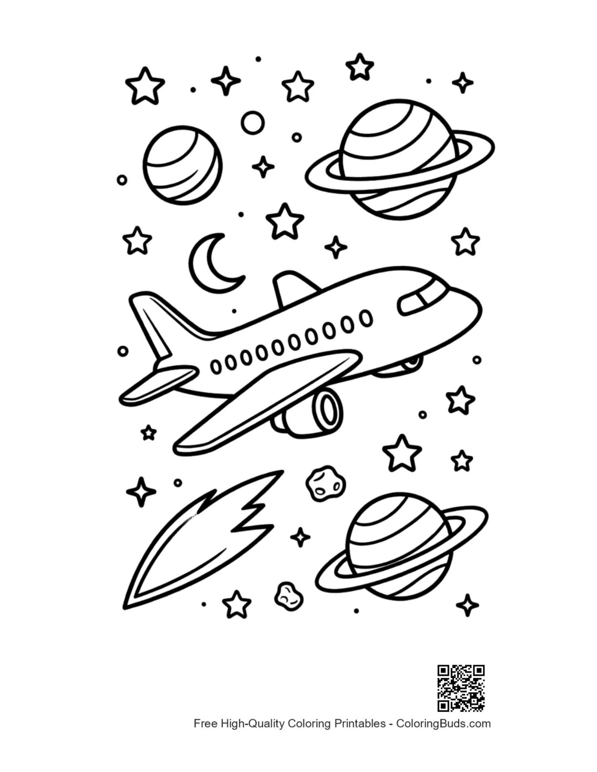 Passenger plane in space with planets coloring page