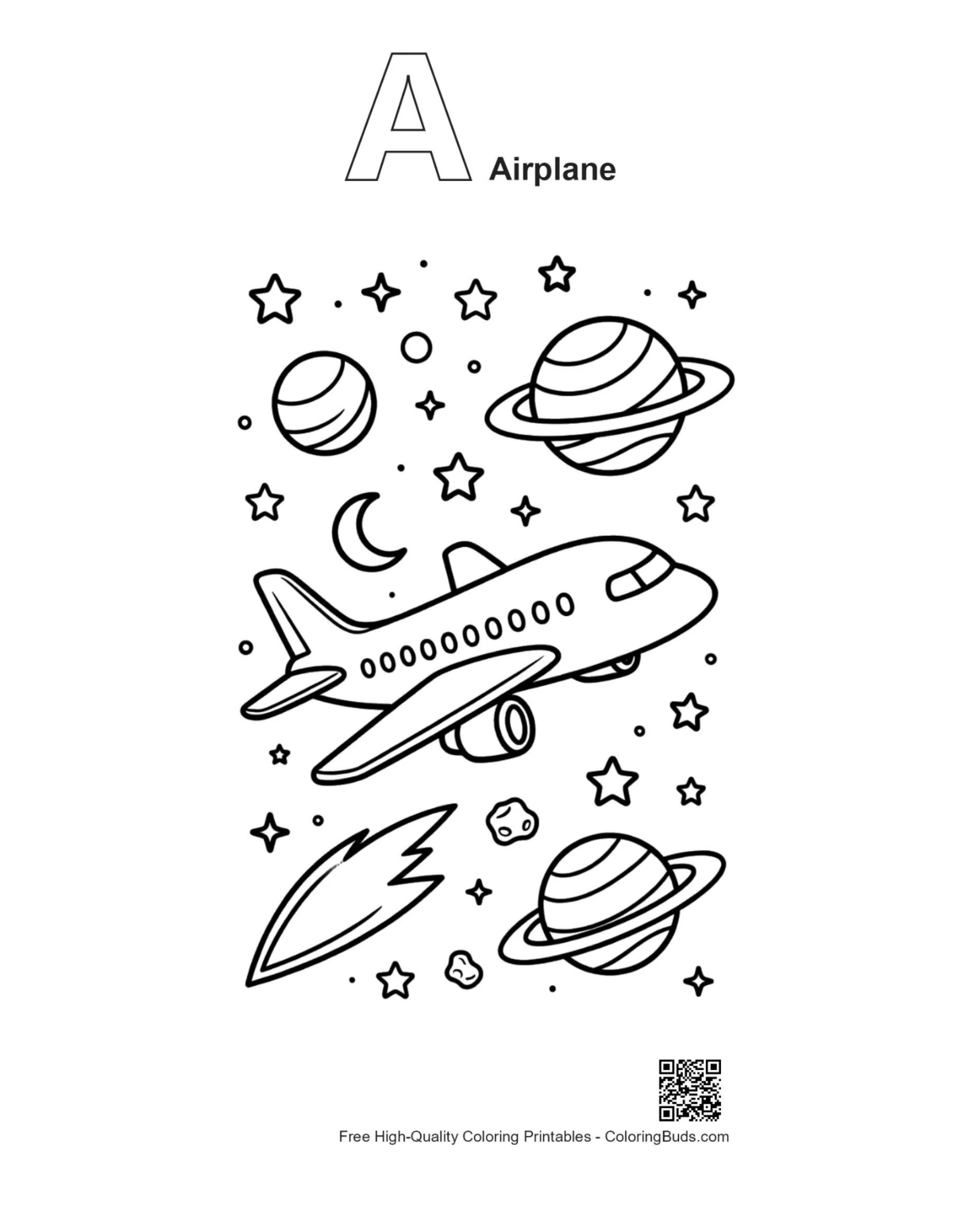 Alphabet A airplane space coloring page printable