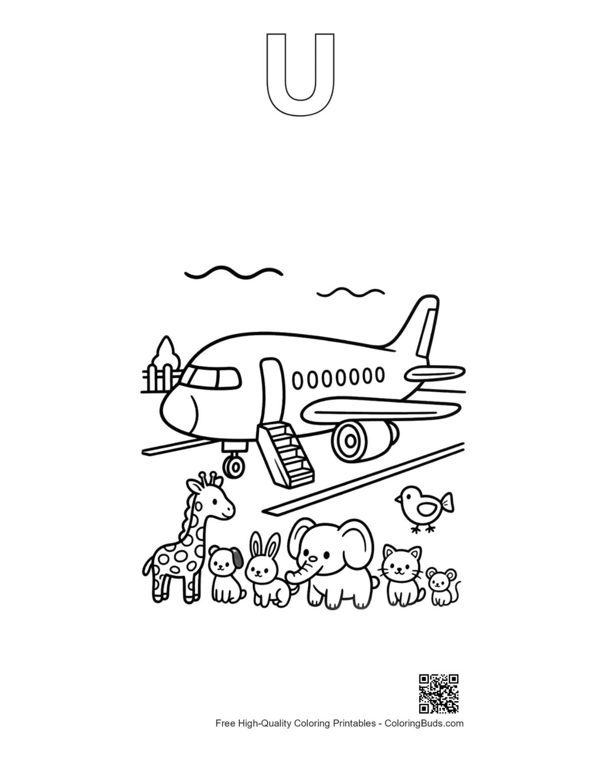 Passenger plane coloring with alphabet U outline