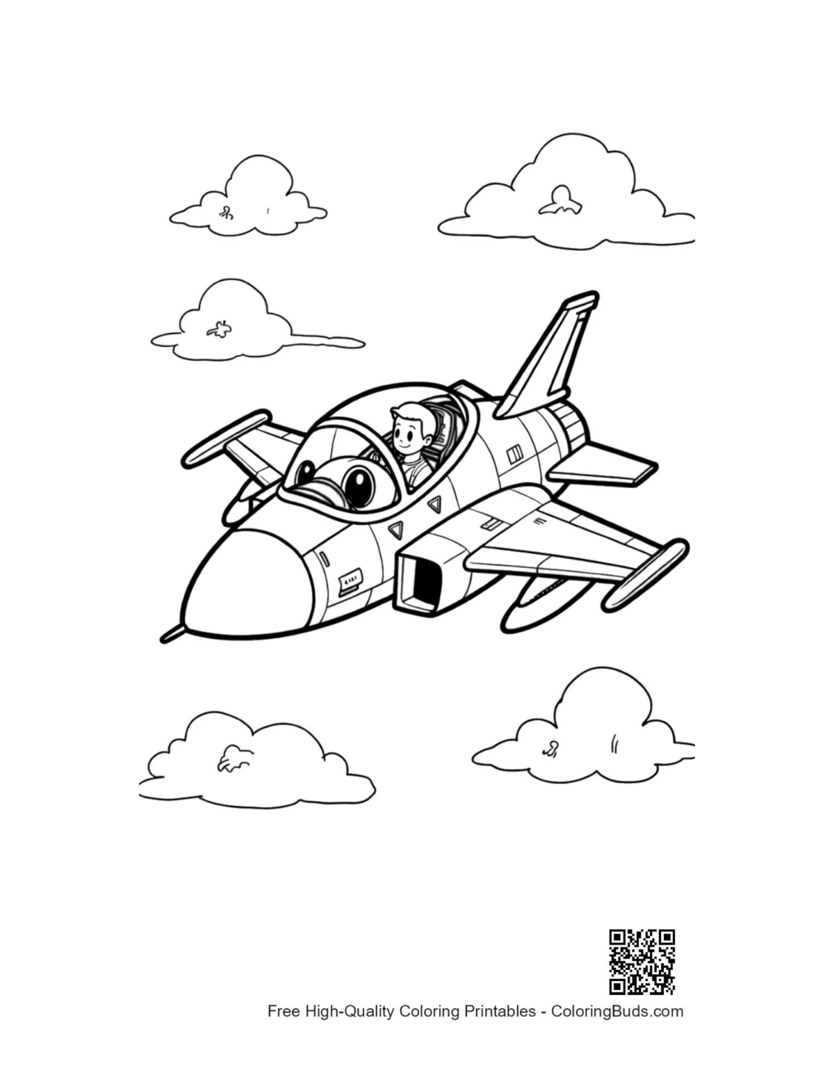 Cute smiling cartoon fighter jet plane in clouds printable