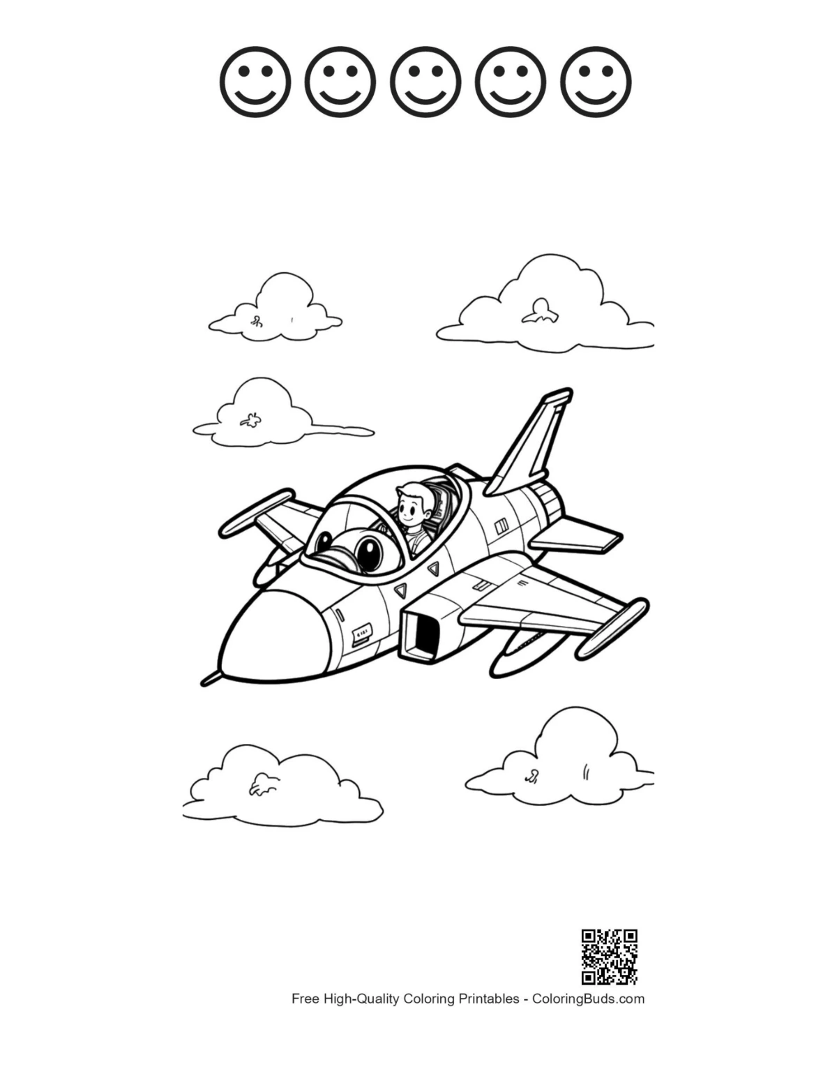 Cute fighter jet with 5 happy faces outline printable
